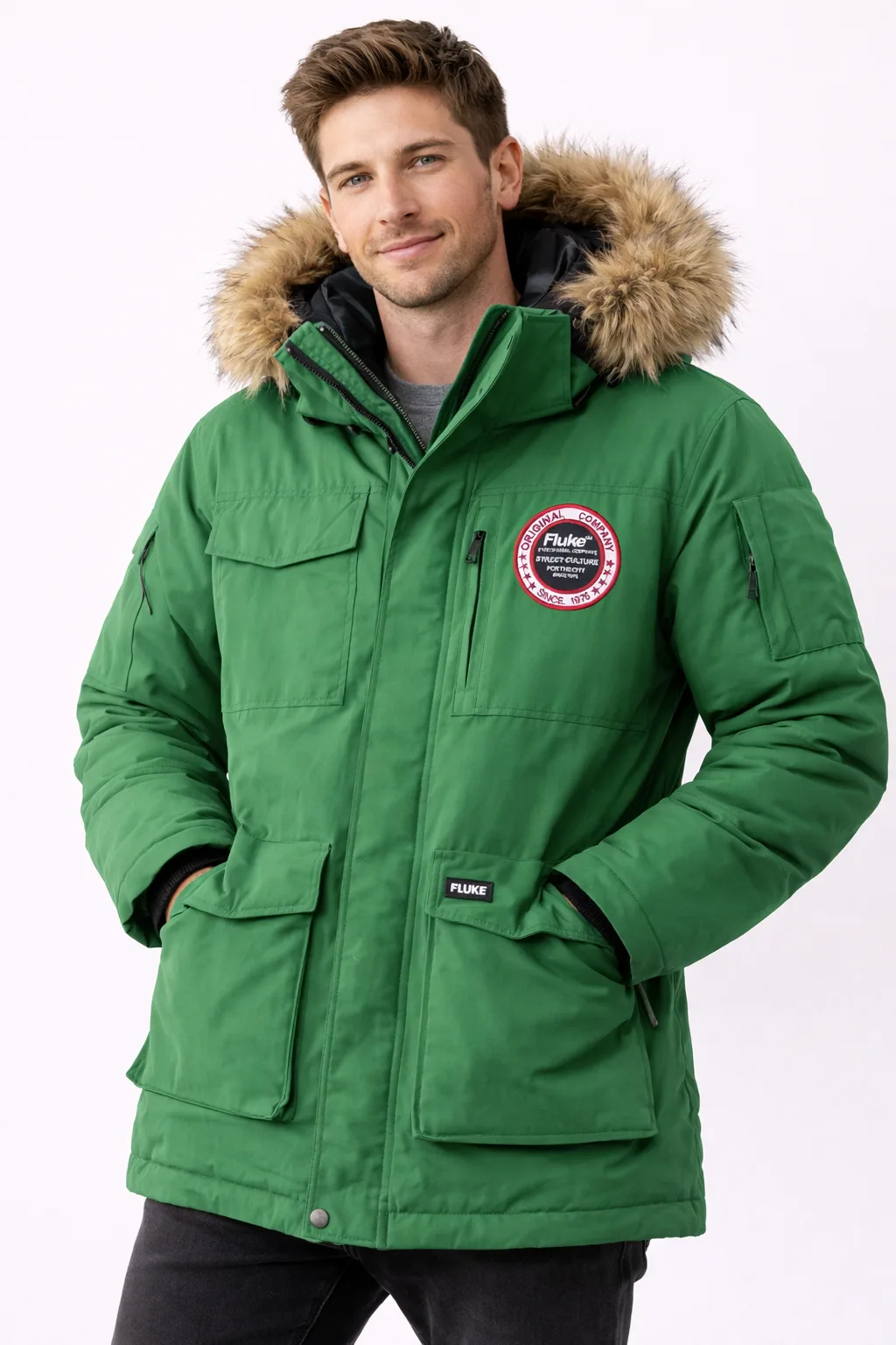 Fluke Green Fur Hood Parka Jacket Men’s | Heavy Winter L