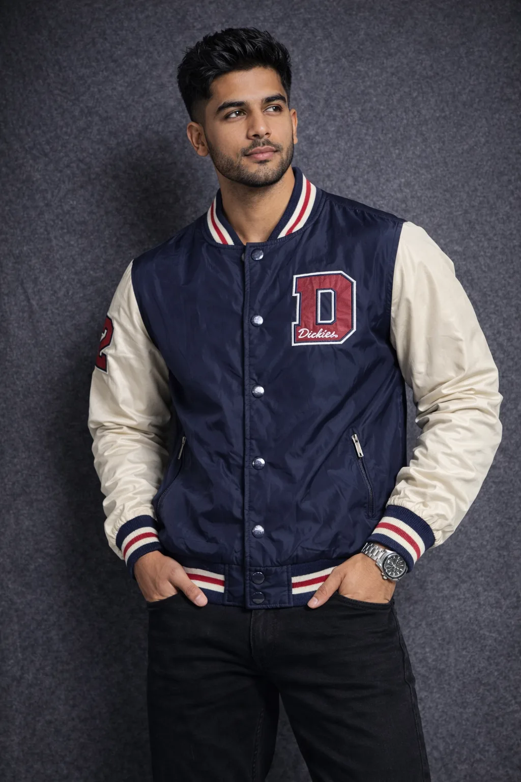 Dickies Varsity Bomber Jacket – Navy Cream Size M