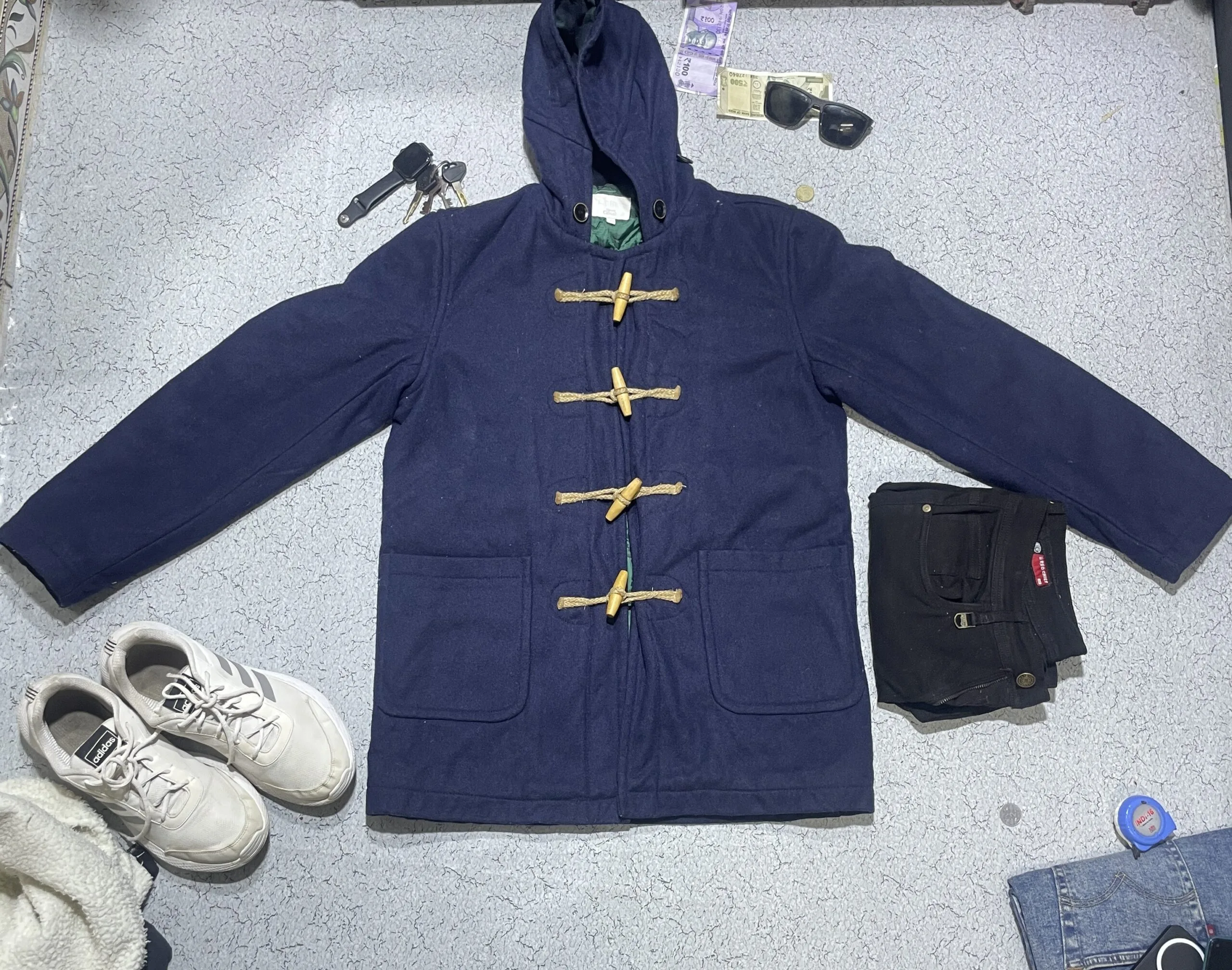 4-Grey Sport Casual Navy Duffle Coat Wool Blend Winter Jacket L