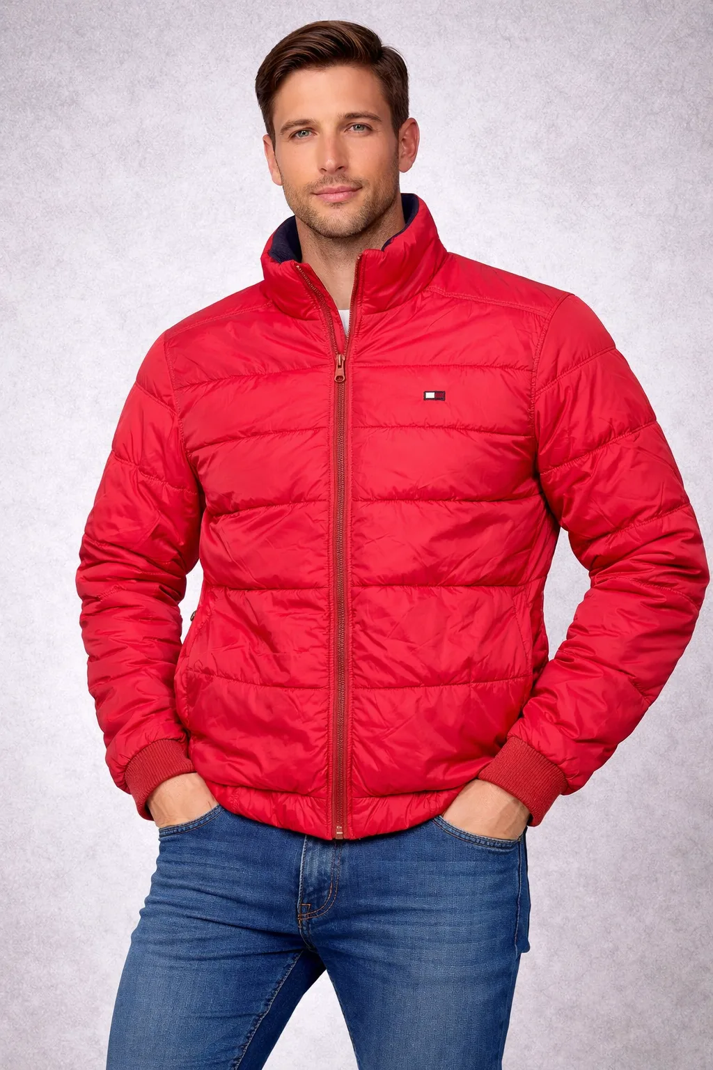 Tommy Hilfiger Heritage Denim Red Puffer Jacket Winter Insulated Small