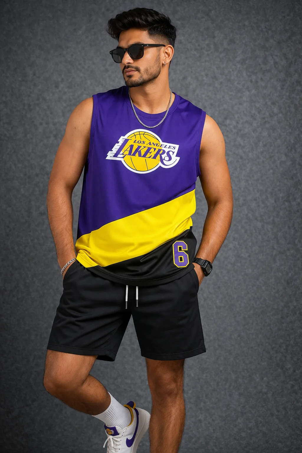 Los Angeles Lakers #6 LeBron James Sleeveless Jersey Purple/Yellow Size XL (Oversized Fit)