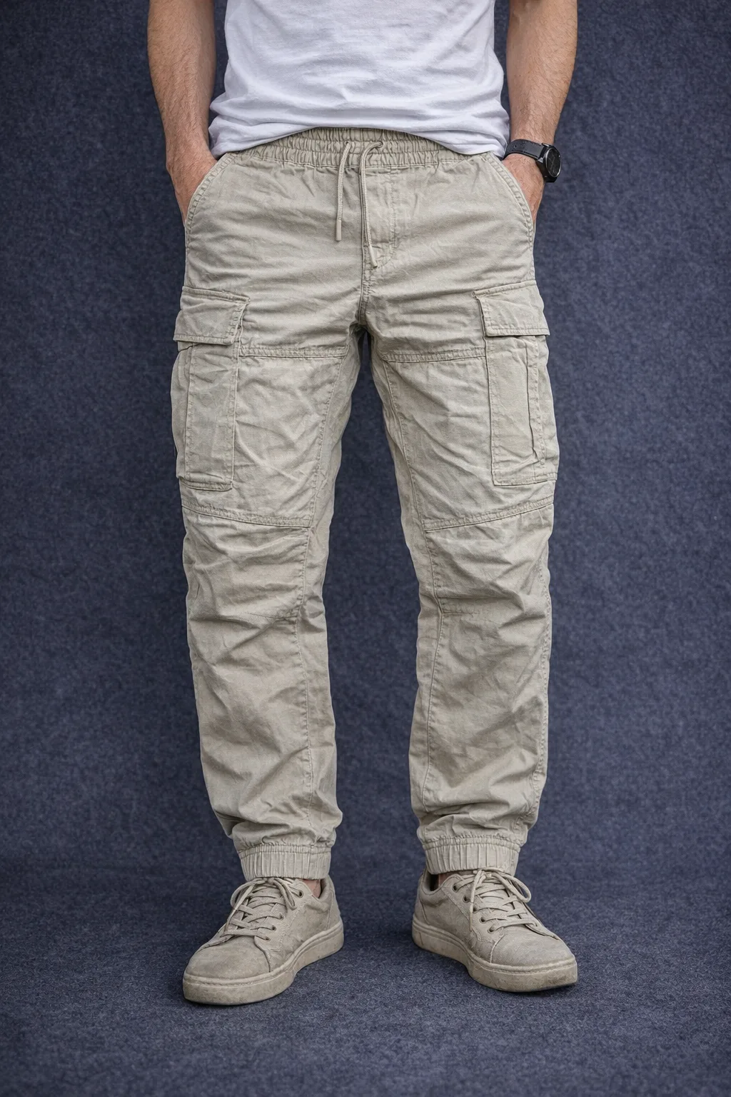 H&M Slim Fit Cargo Jogger Pants | Beige | Elastic Waist | Size 34 (M)