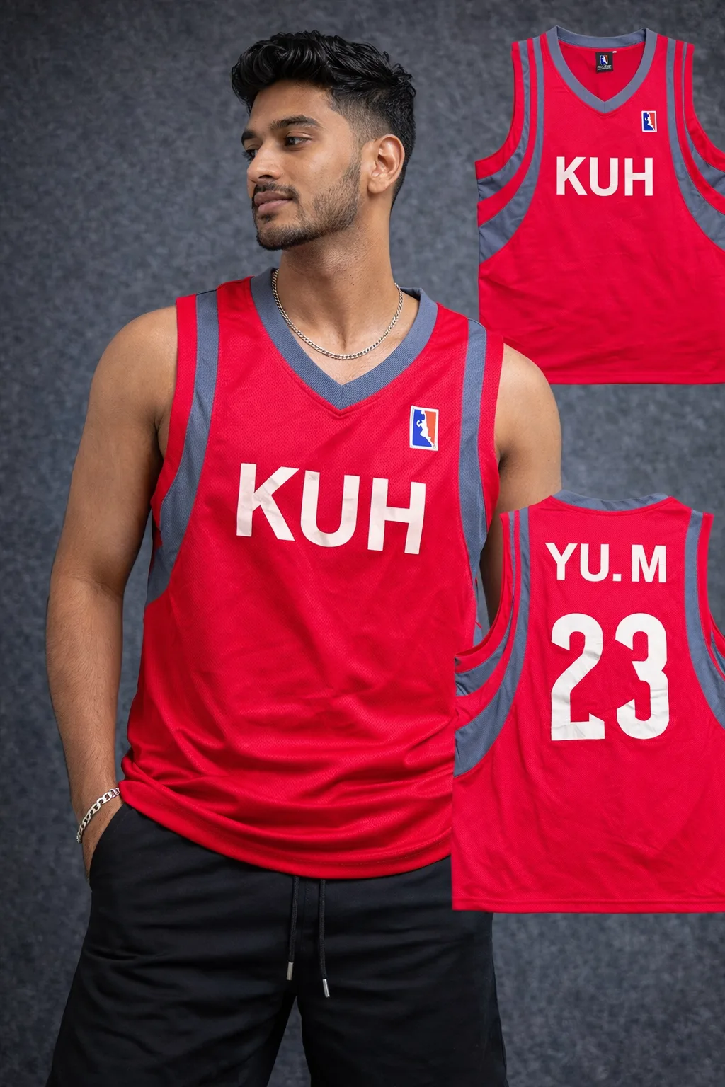 NBA KUH Basketball Jersey #23 Red/Grey Sleeveless Sports Jersey (Oversized Fit)