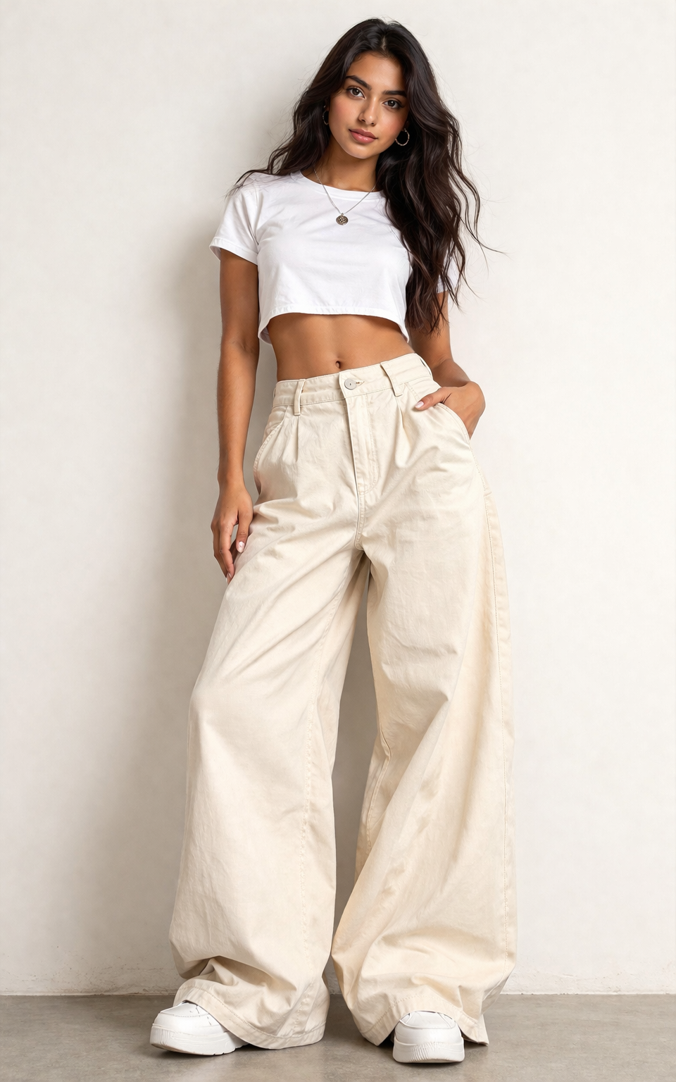 Wide Leg High Bottom Chino | Off-White Cream | Relaxed Fit | Streetwear Style | 26 | Unisex