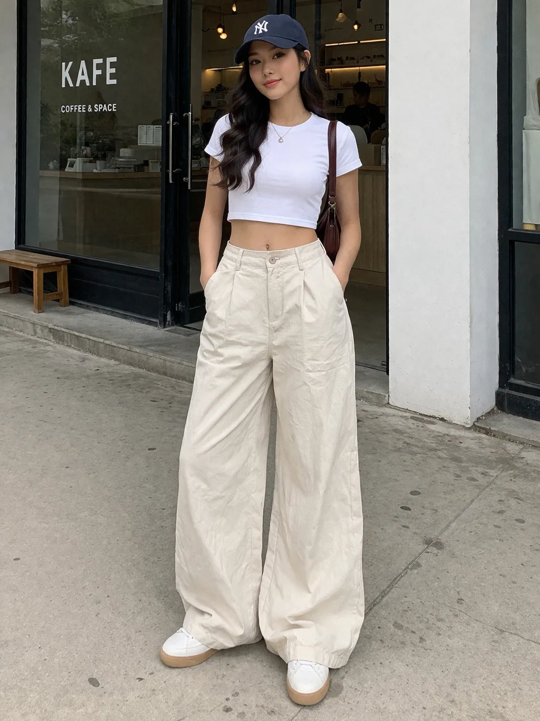 Wide Leg High Bottom Chino | Off-White Cream | Relaxed Fit | Streetwear Style | 26 | Unisex