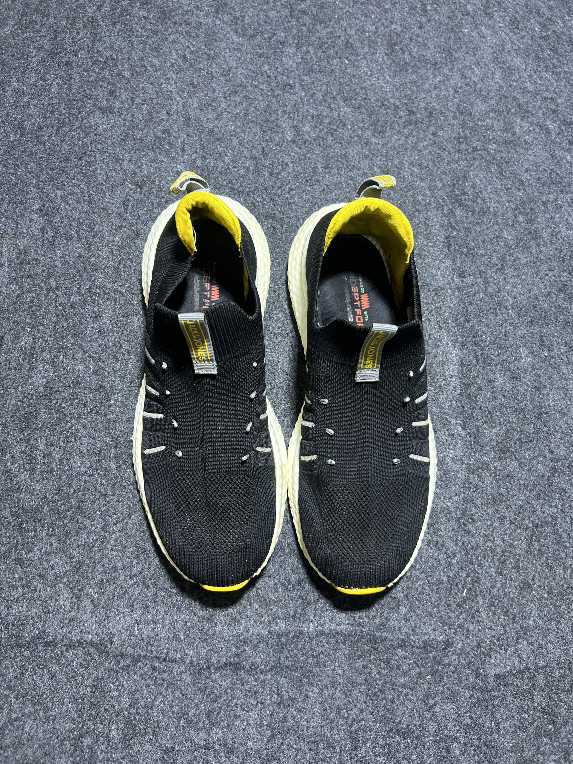 Jack & Jones Slip-On Knit Sneakers | Black & Yellow | Size UK 8 | Lightweight Comfort