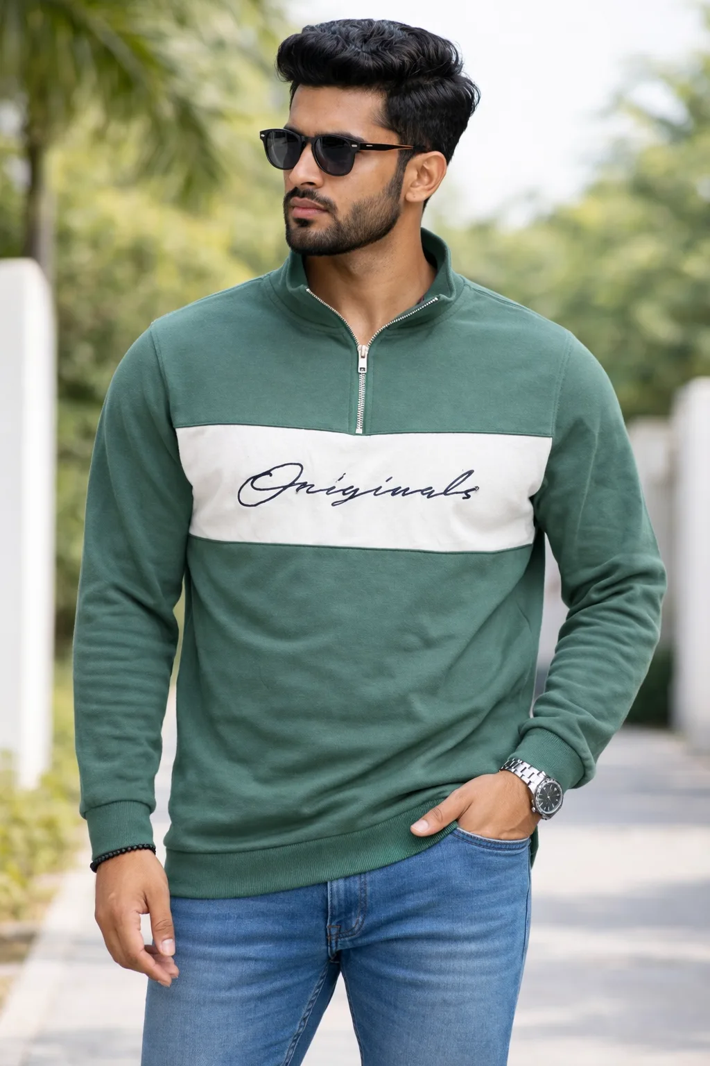 Jack & Jones Originals Green Quarter Zip Sweatshirt | Minimal Streetwear | M