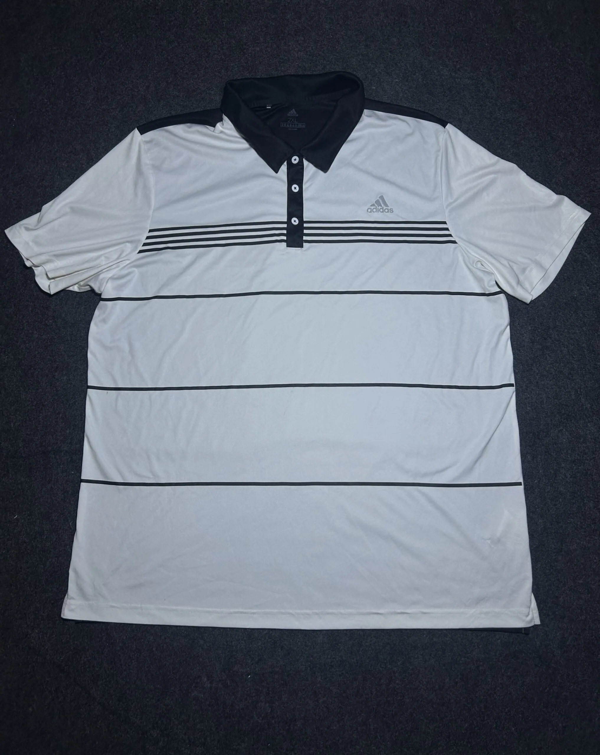 Adidas White & Black Striped Polo T-Shirt | 2XL | Premium Sport Fit | Next To New