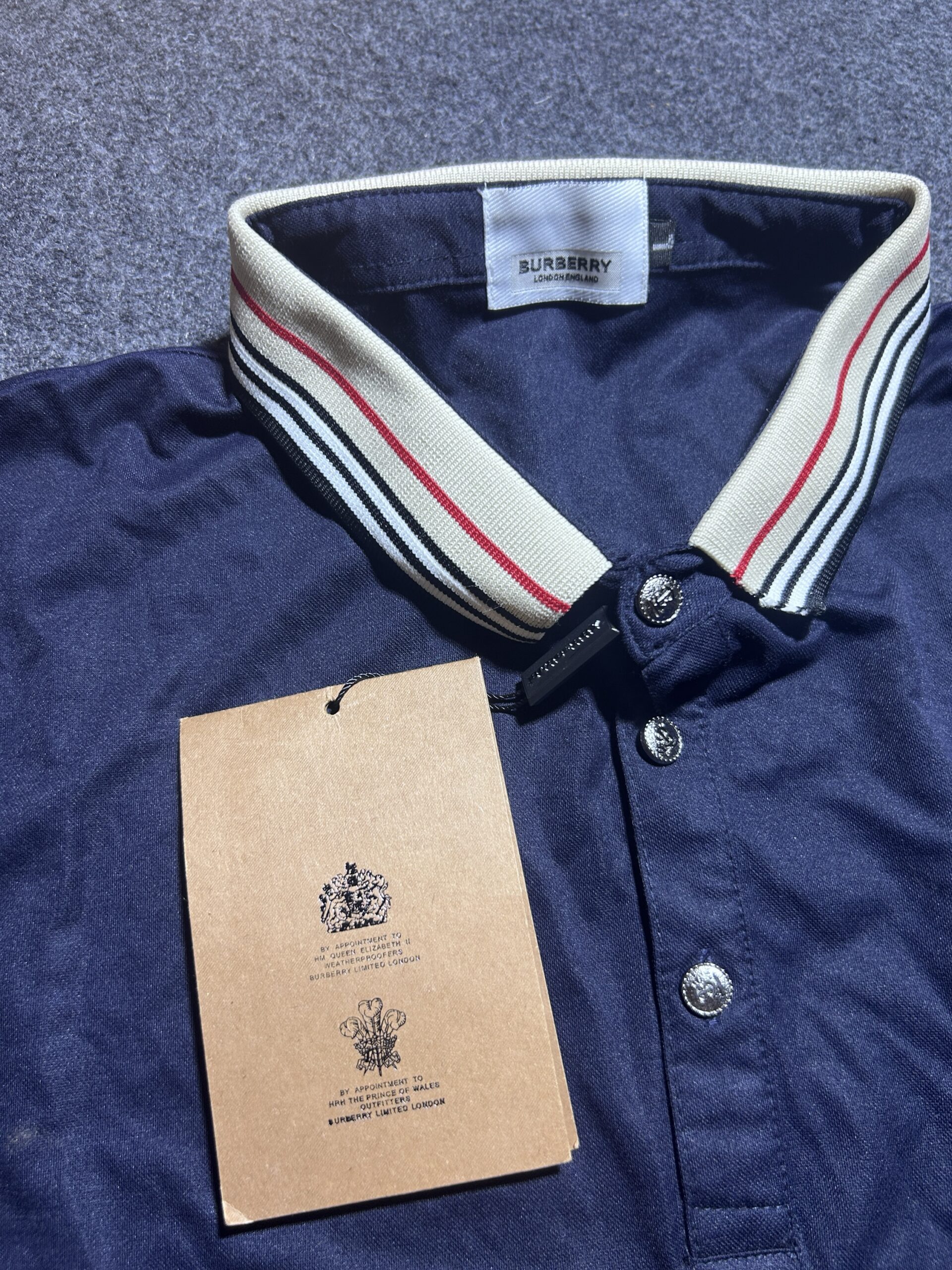 Burberry Polo T-Shirt | Navy Blue | Signature Collar | Size L