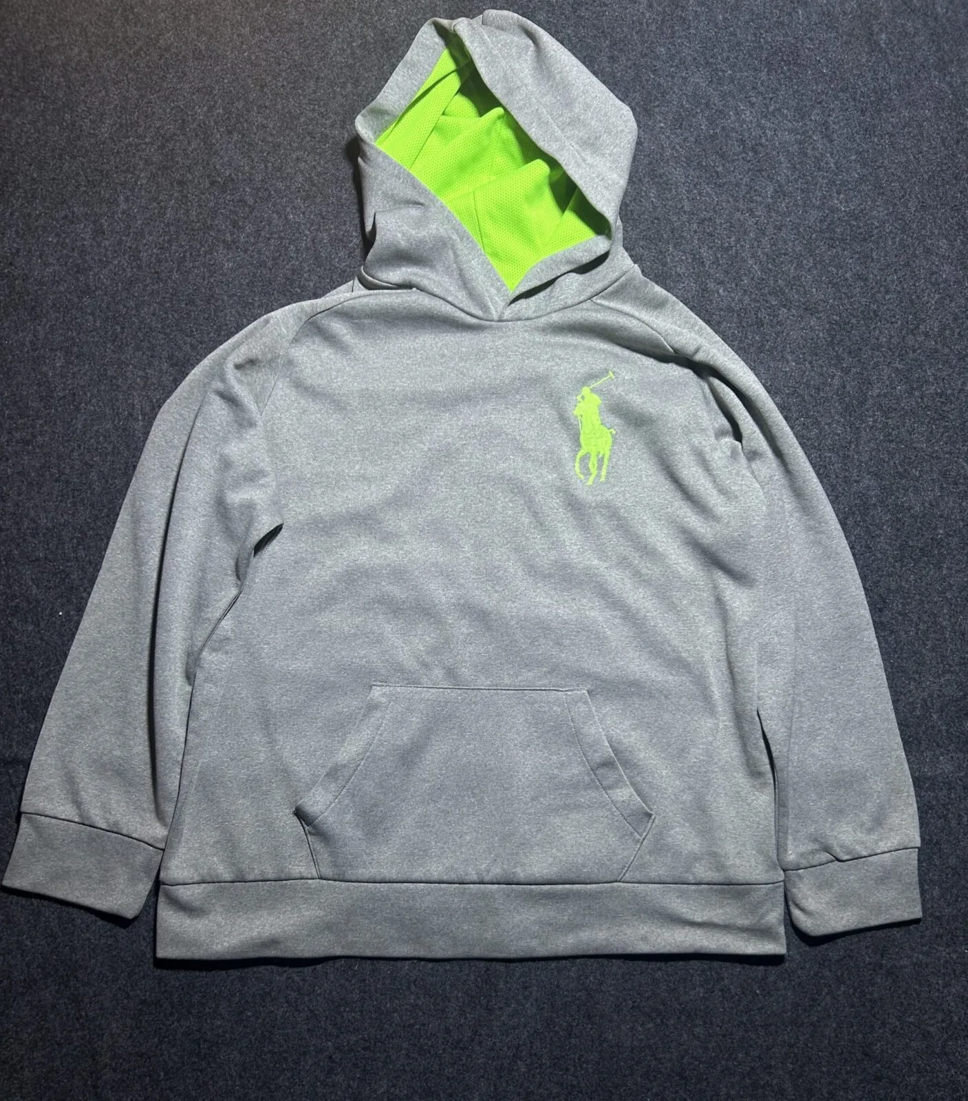 Ralph Lauren Big Pony Grey Hoodie | Neon Green Logo | Chest 42-44 | Excellent Condition