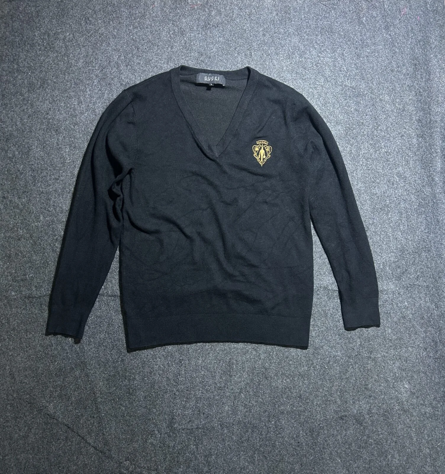 Black V-Neck Designer Knit Sweater | Luxury Style | Size L