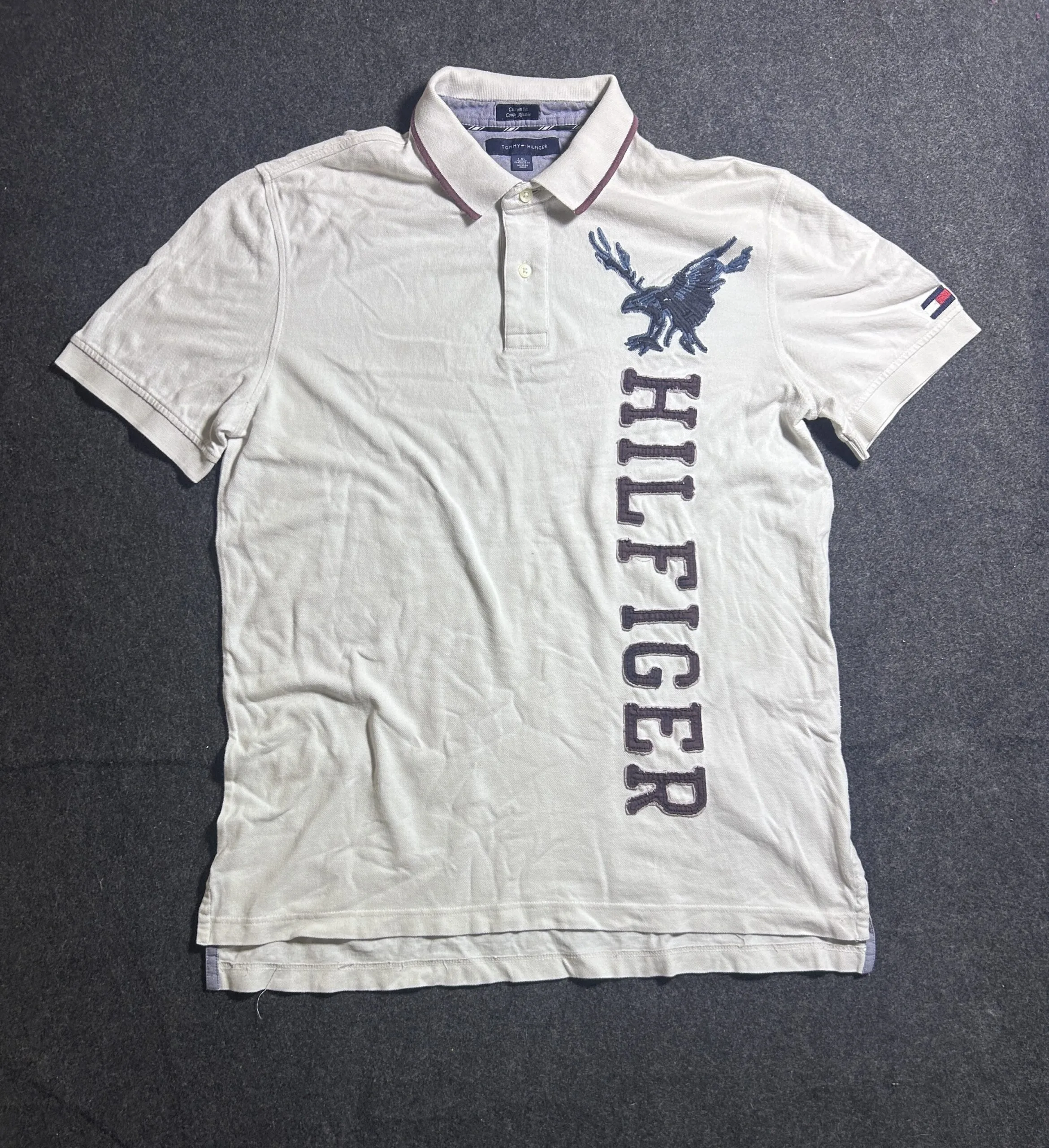 Tommy Hilfiger Premium Cotton Polo T-Shirt Cream White Big Logo | Size L