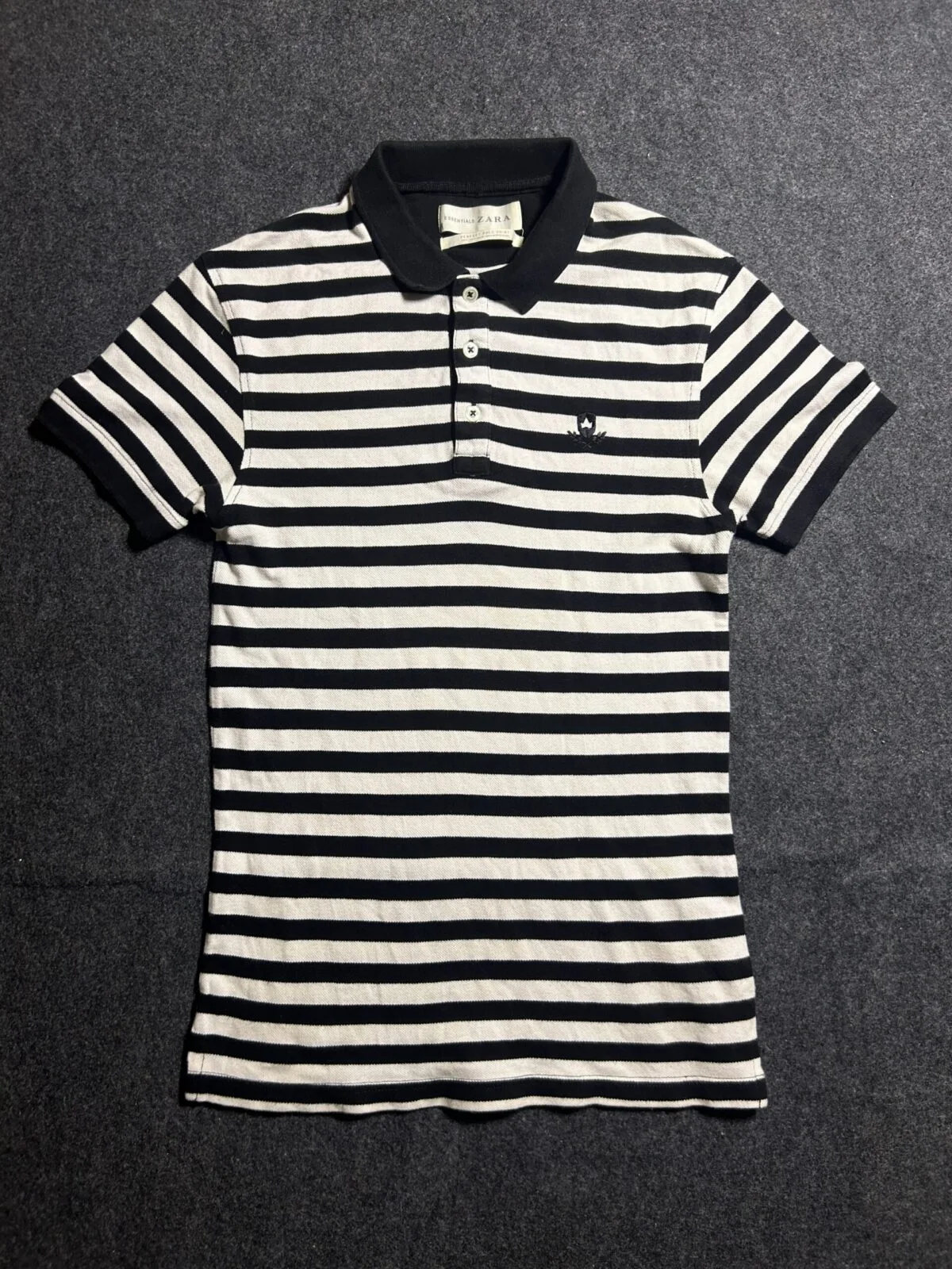 Zara Essentials Black & White Striped Polo T-Shirt XS