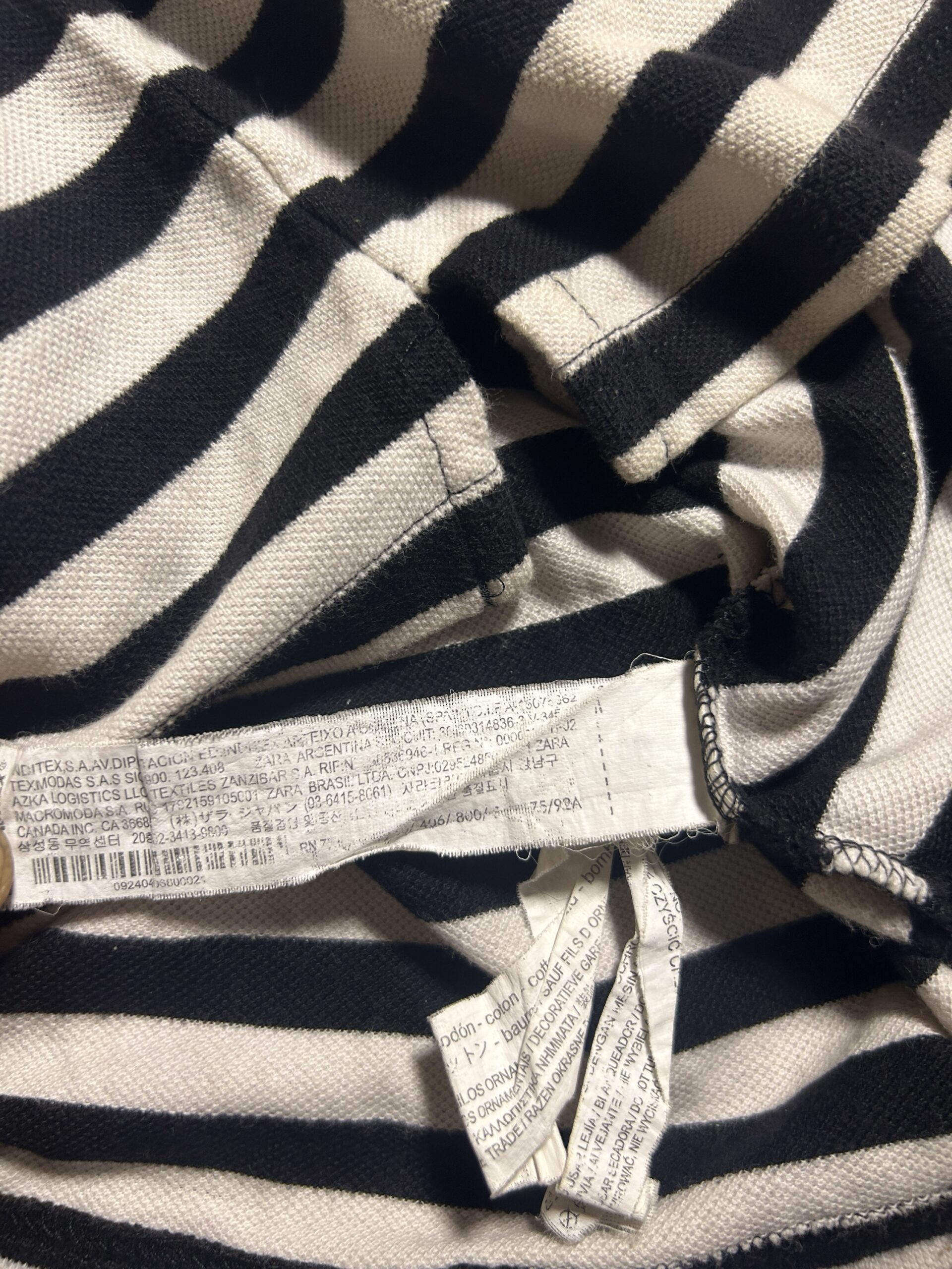 Zara Essentials Black & White Striped Polo T-Shirt XS