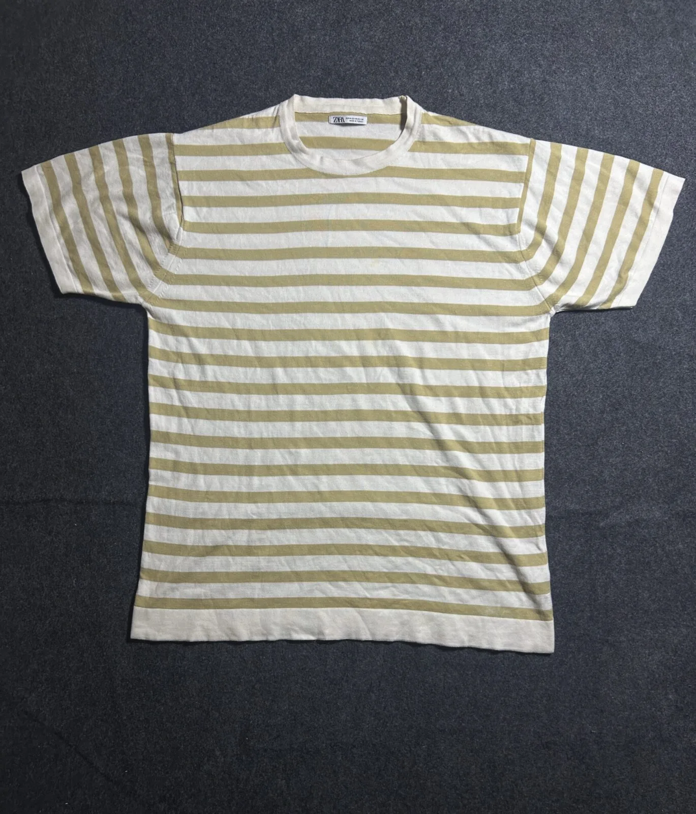 ZARA Striped Knit T-Shirt | Beige & White | Relaxed Fit | L