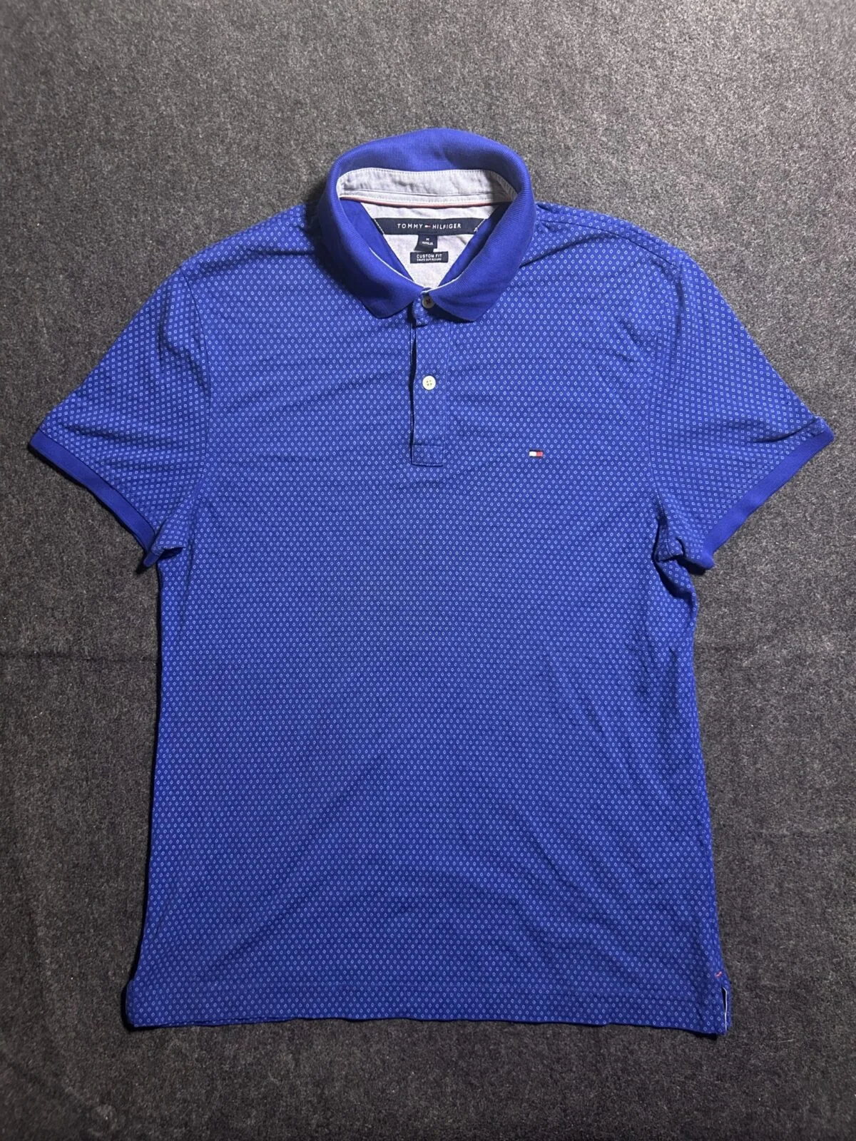 Tommy Hilfiger Blue Micro Print Polo Shirt | Custom Fit Premium Cotton | M