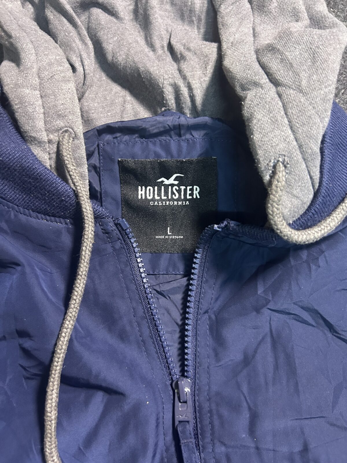 Hollister Hooded Bomber Windbreaker Jacket Navy Blue | L