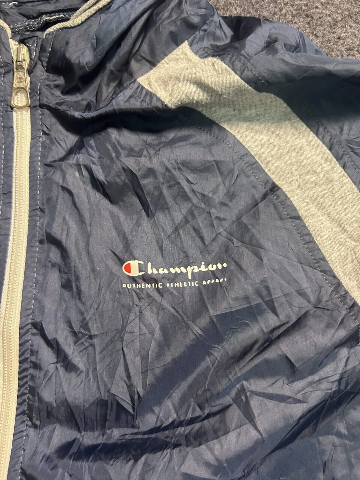 Champion Hooded Windbreaker Jacket Navy Grey | M