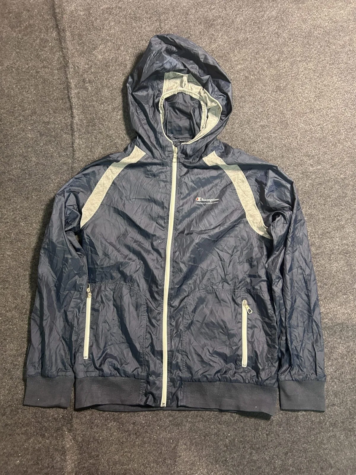 Champion Hooded Windbreaker Jacket Navy Grey | M