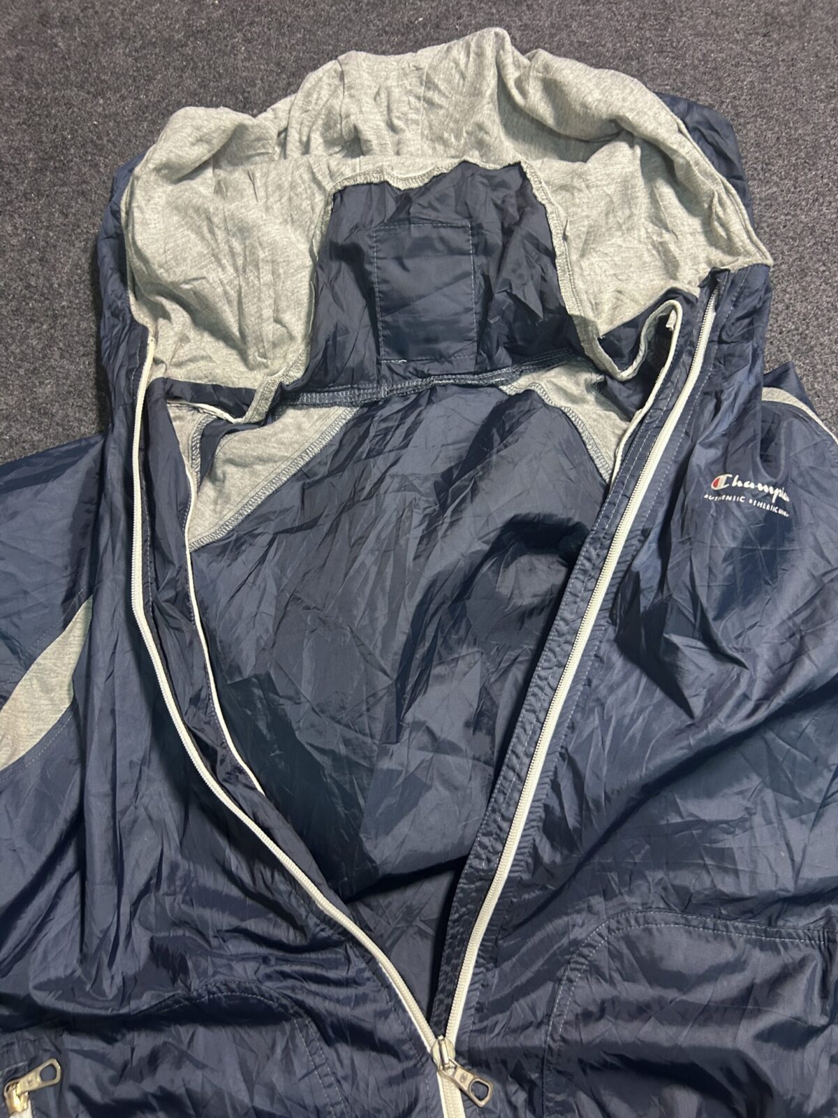 Champion Hooded Windbreaker Jacket Navy Grey | M