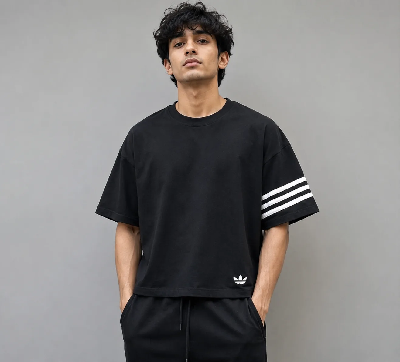 Adidas Originals Oversized Boxy T-Shirt Black 3-Stripes Sleeve 100% Cotton Size S
