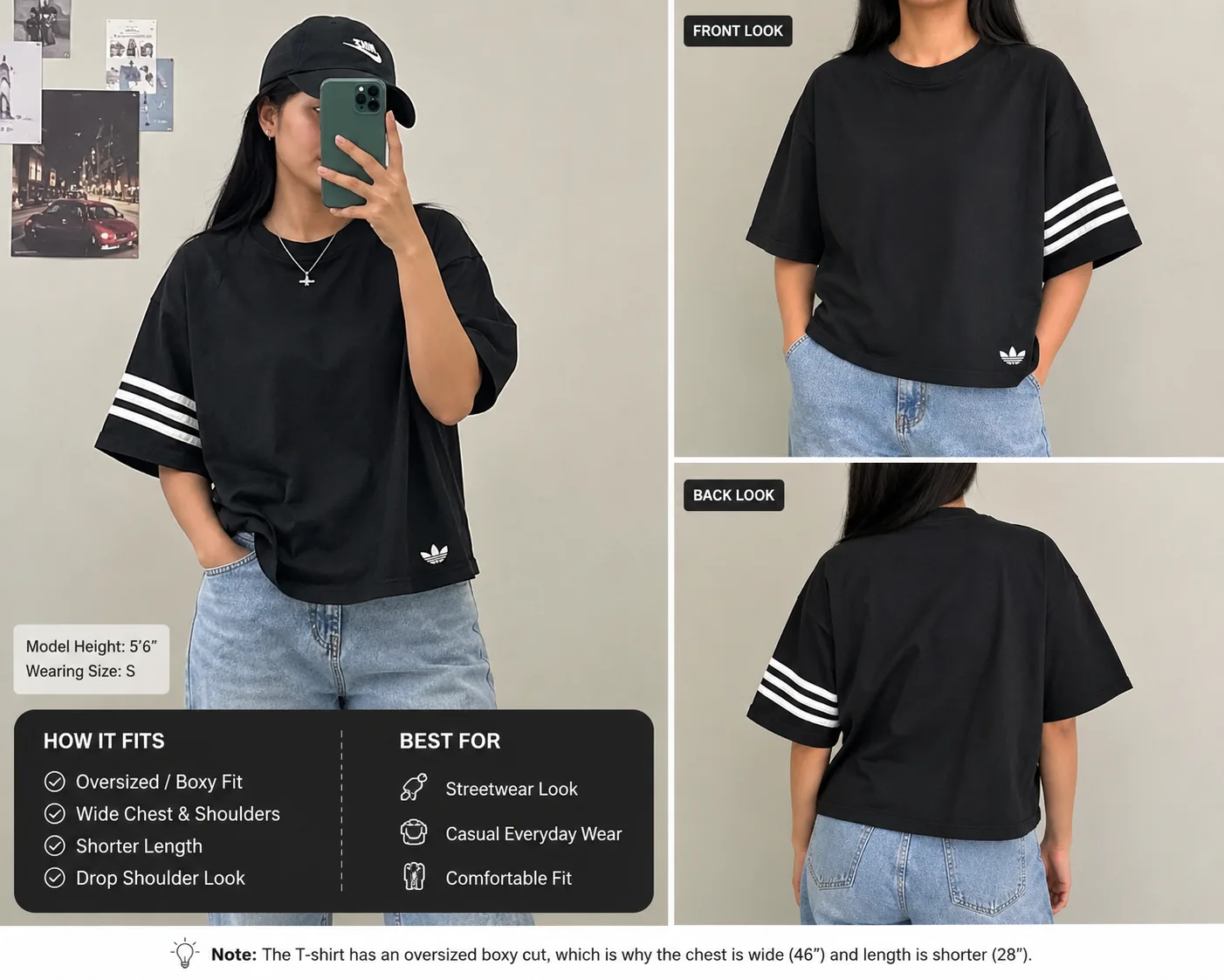 Adidas Originals Oversized Boxy T-Shirt Black 3-Stripes Sleeve 100% Cotton Size S