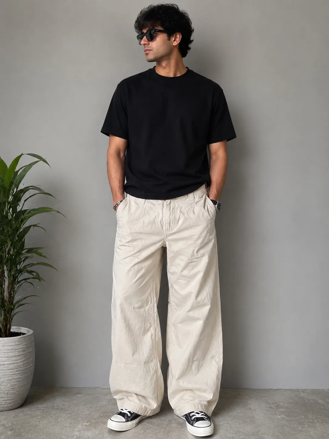 United Colors of Benetton Wide Leg Cotton Pants Beige W30