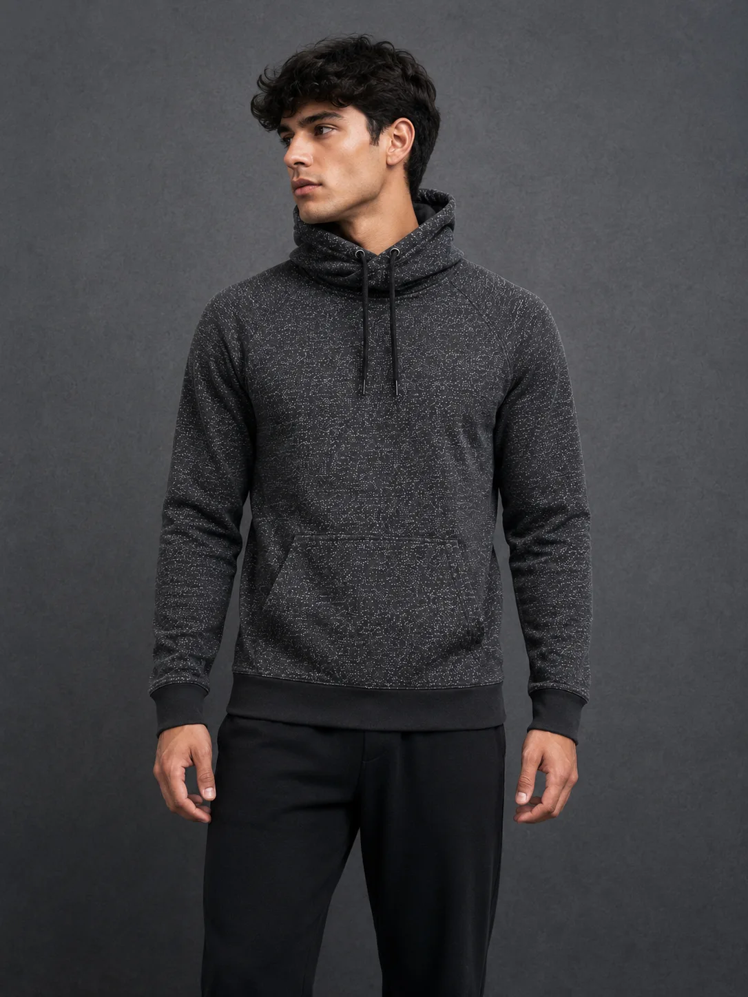 H&M High Neck Pullover Hoodie Black Speckled Fleece Sweatshirt S