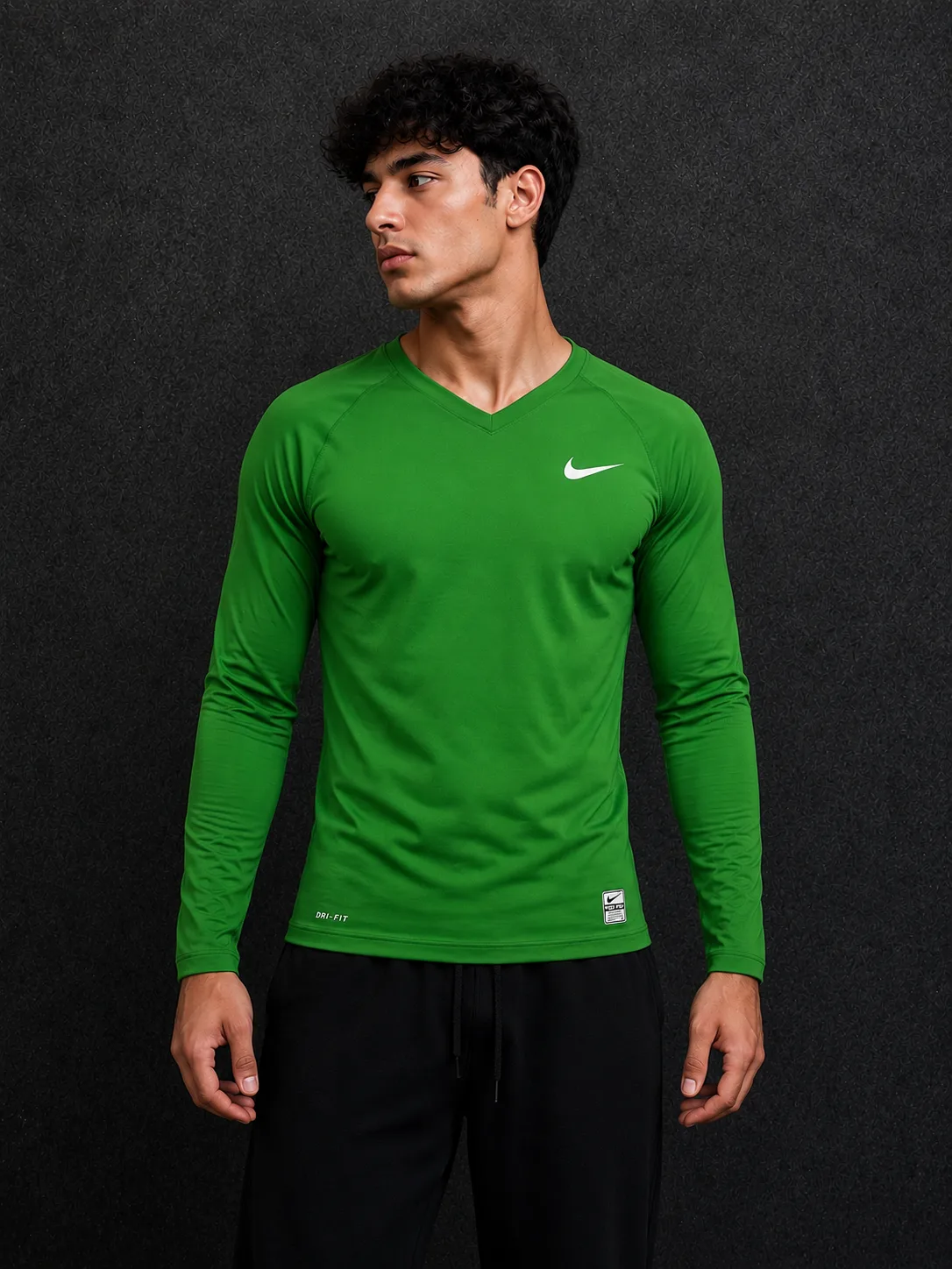 Nike Pro Dri-FIT Compression Long Sleeve V-Neck Green Tshirt | M