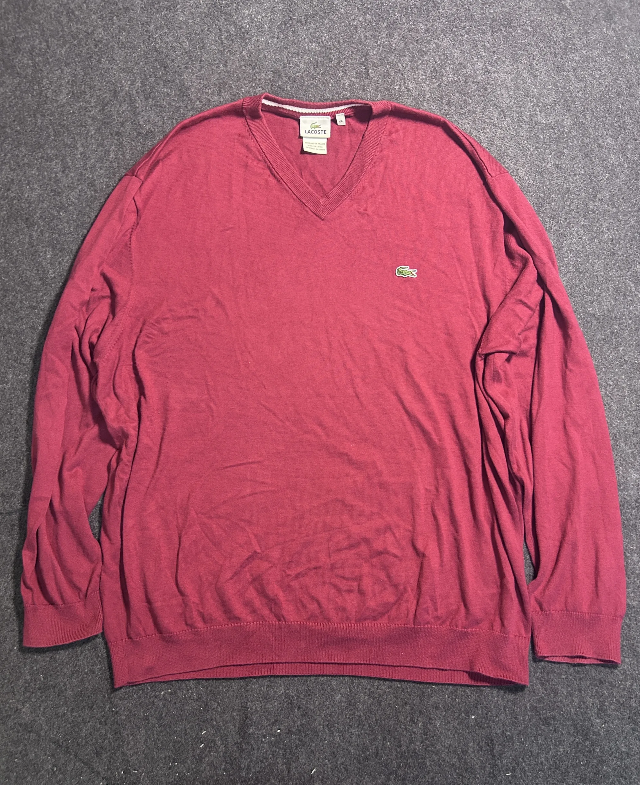 Lacoste V-Neck Cotton Sweater Burgundy Red Size 10 (XXL)