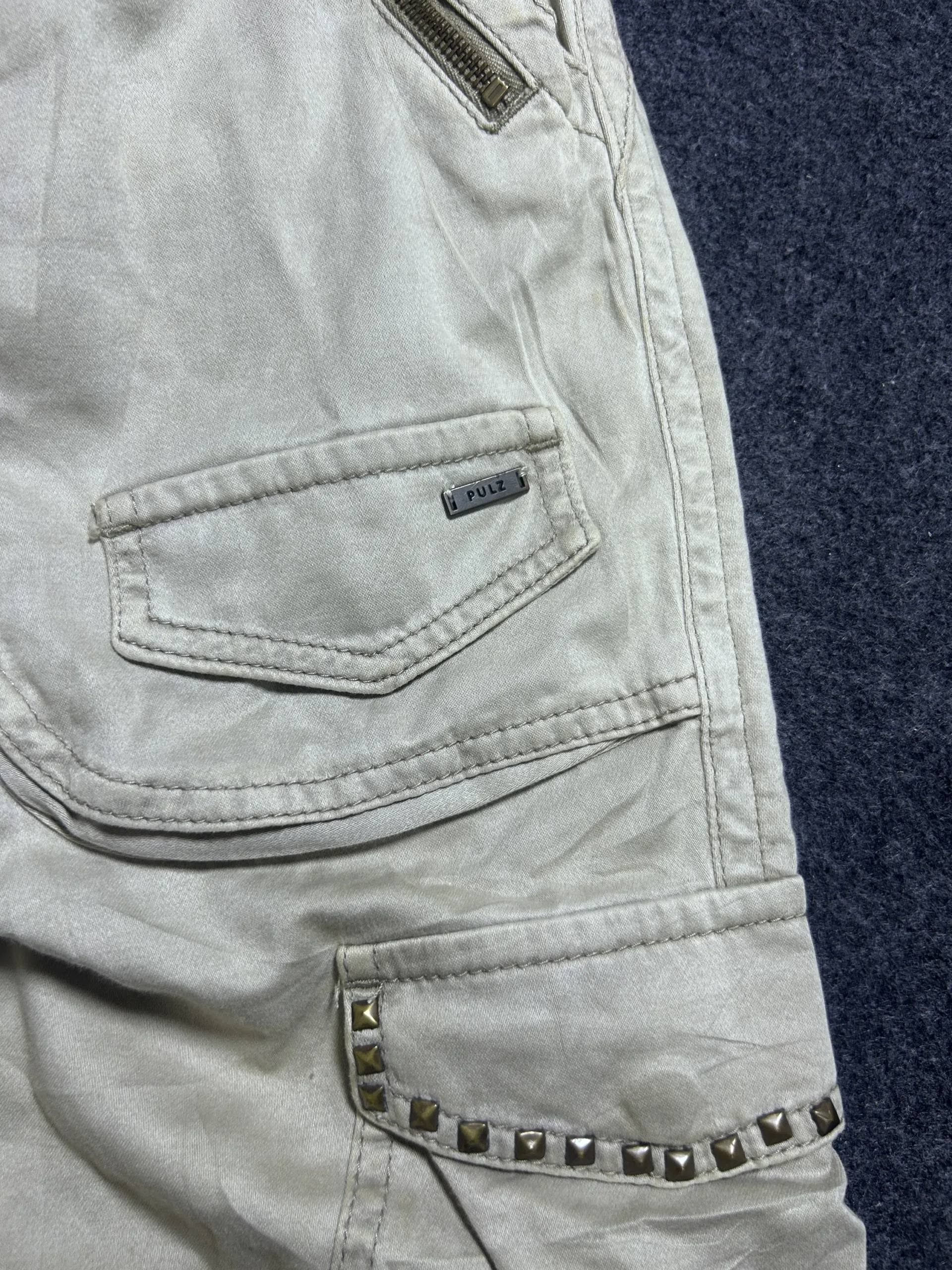 Pulz Jeans Studded Cargo Pants Beige Utility Trousers Size W34