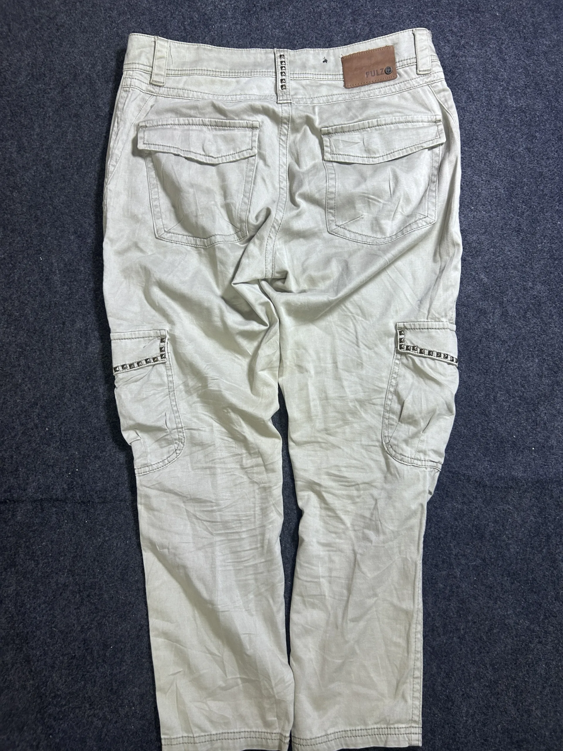 Pulz Jeans Studded Cargo Pants Beige Utility Trousers Size W34