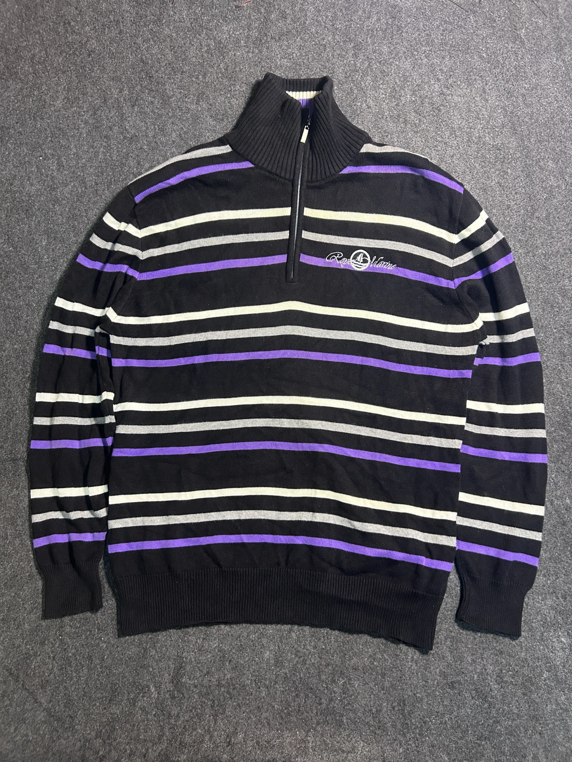 Pierre Cardin Paris Striped Half-Zip Knit Sweater XL Black Purple