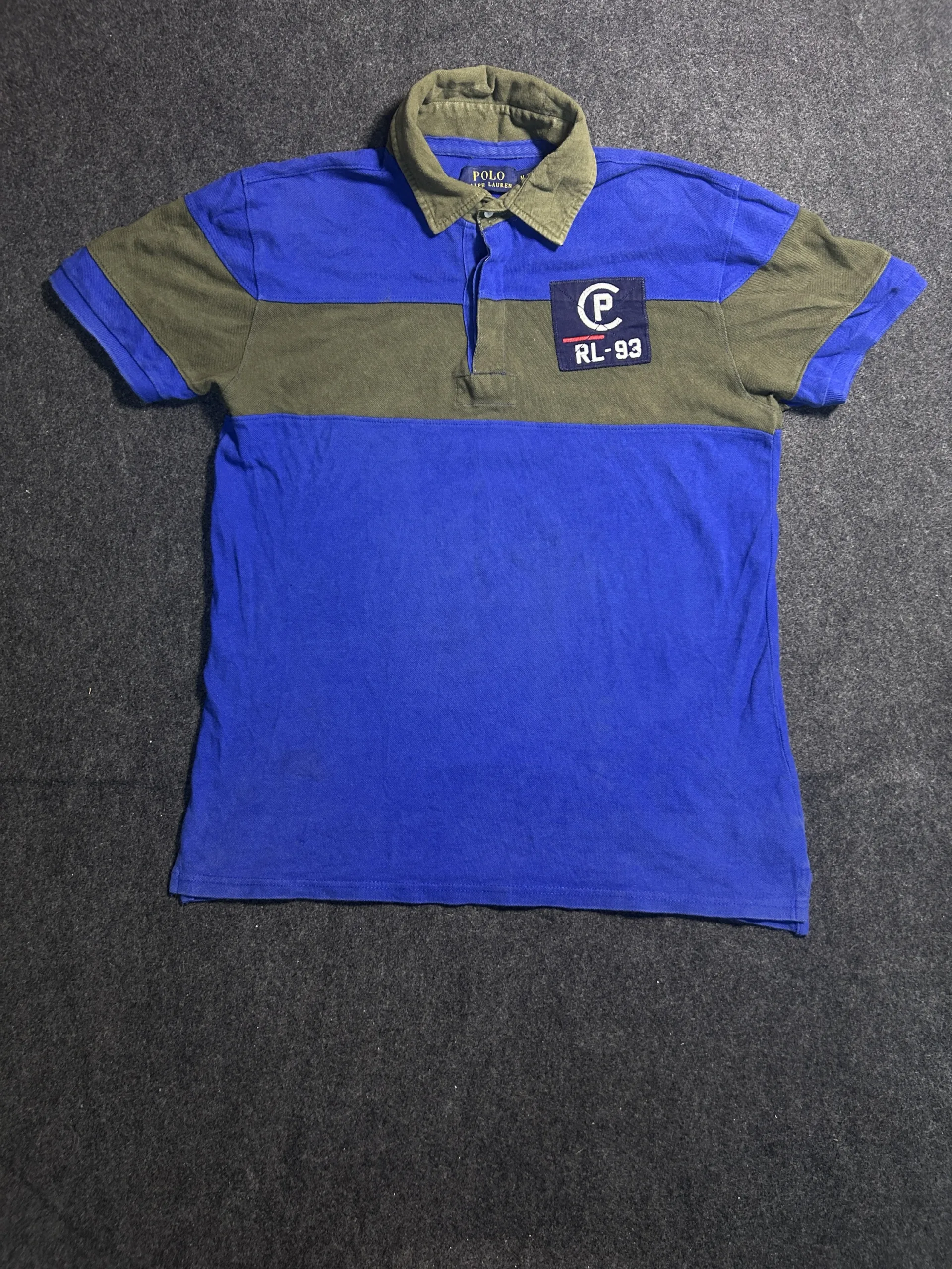 Polo Ralph Lauren RL-93 Colorblock Polo Shirt Blue Olive Green 100% Cotton Size M