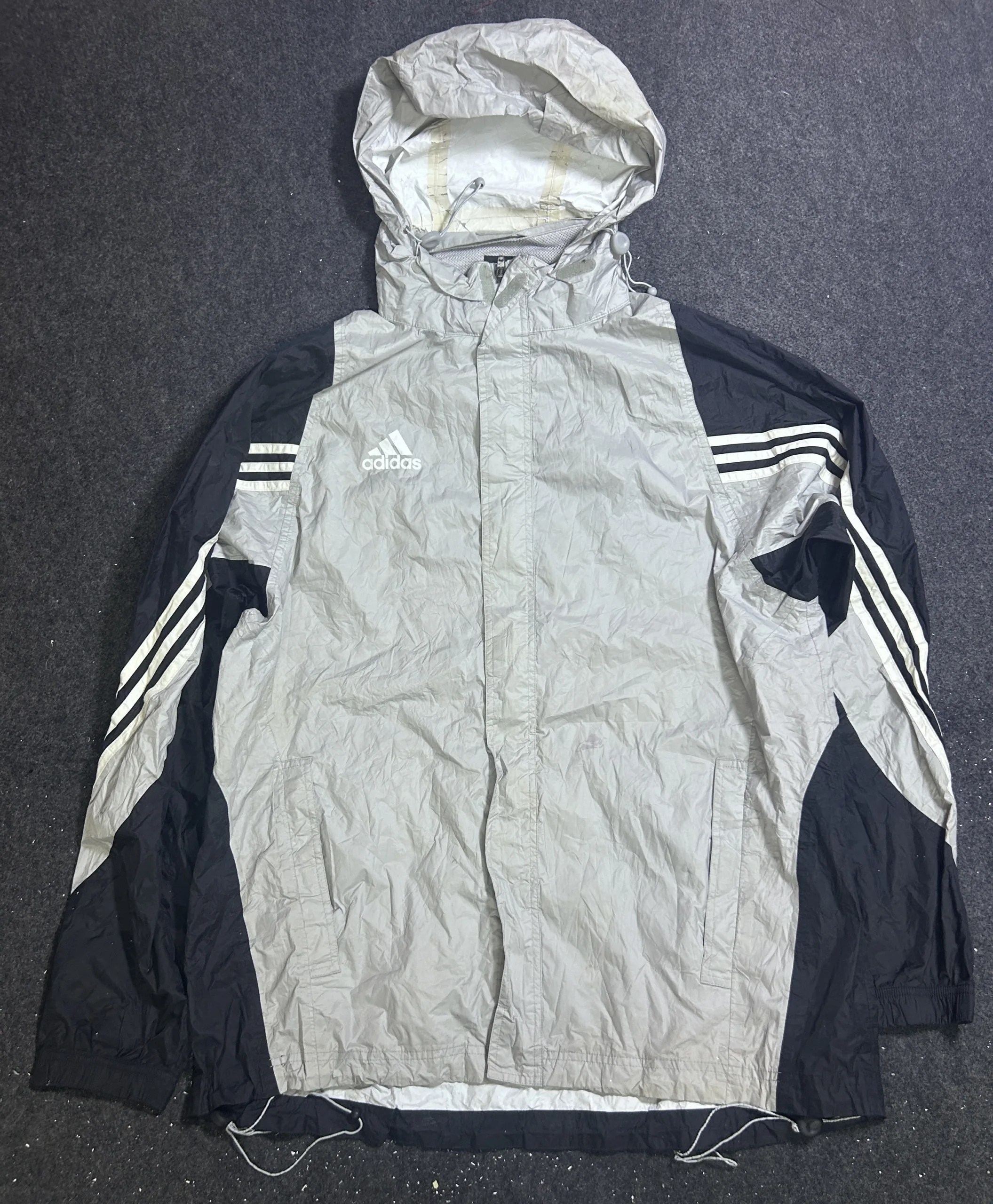 Adidas Packable Waterproof Hooded Windbreaker Jacket Grey/Black XXL