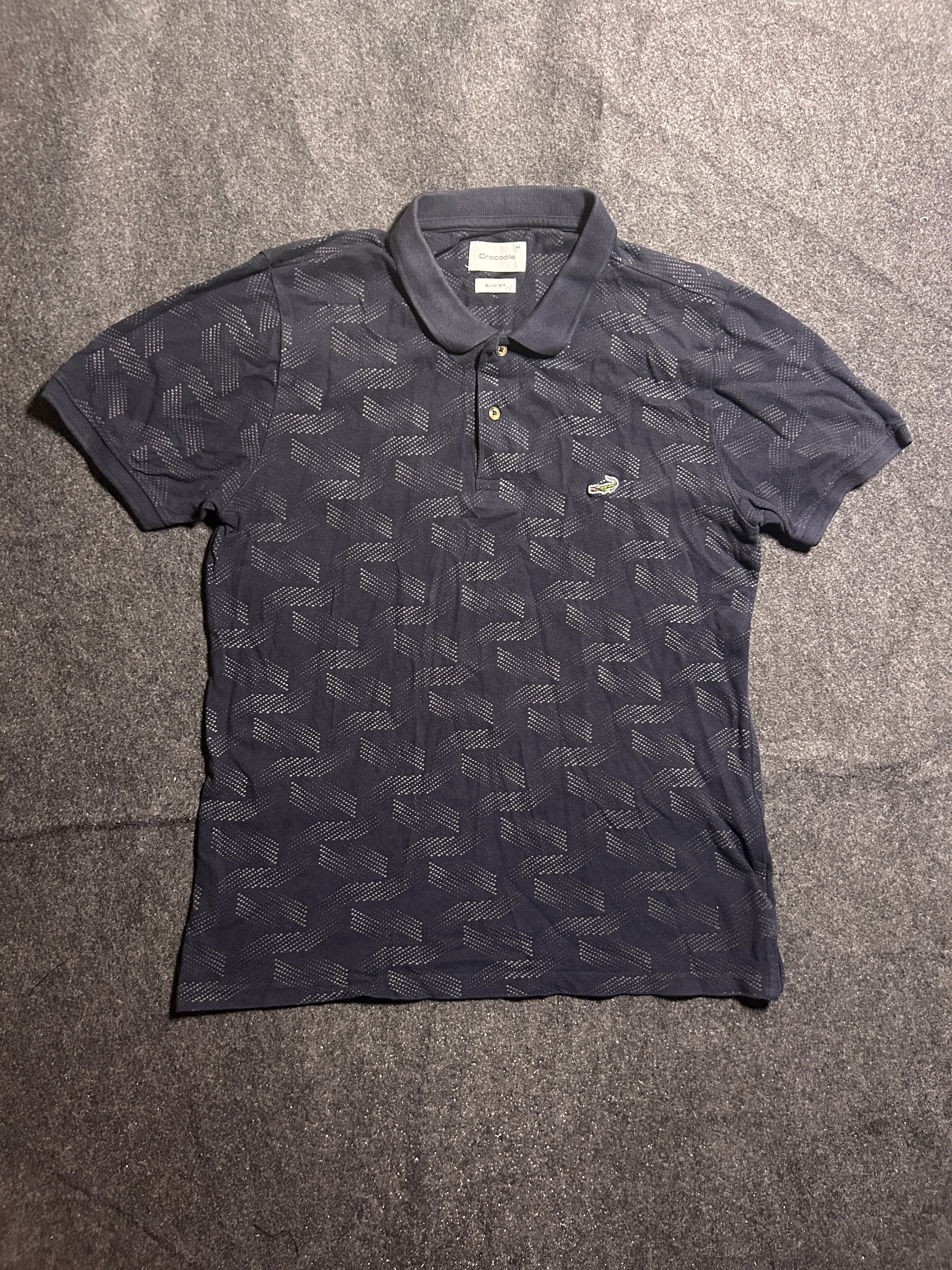 Crocodile Slim Fit Navy Blue Printed Polo T-Shirt – Textured Pattern | M