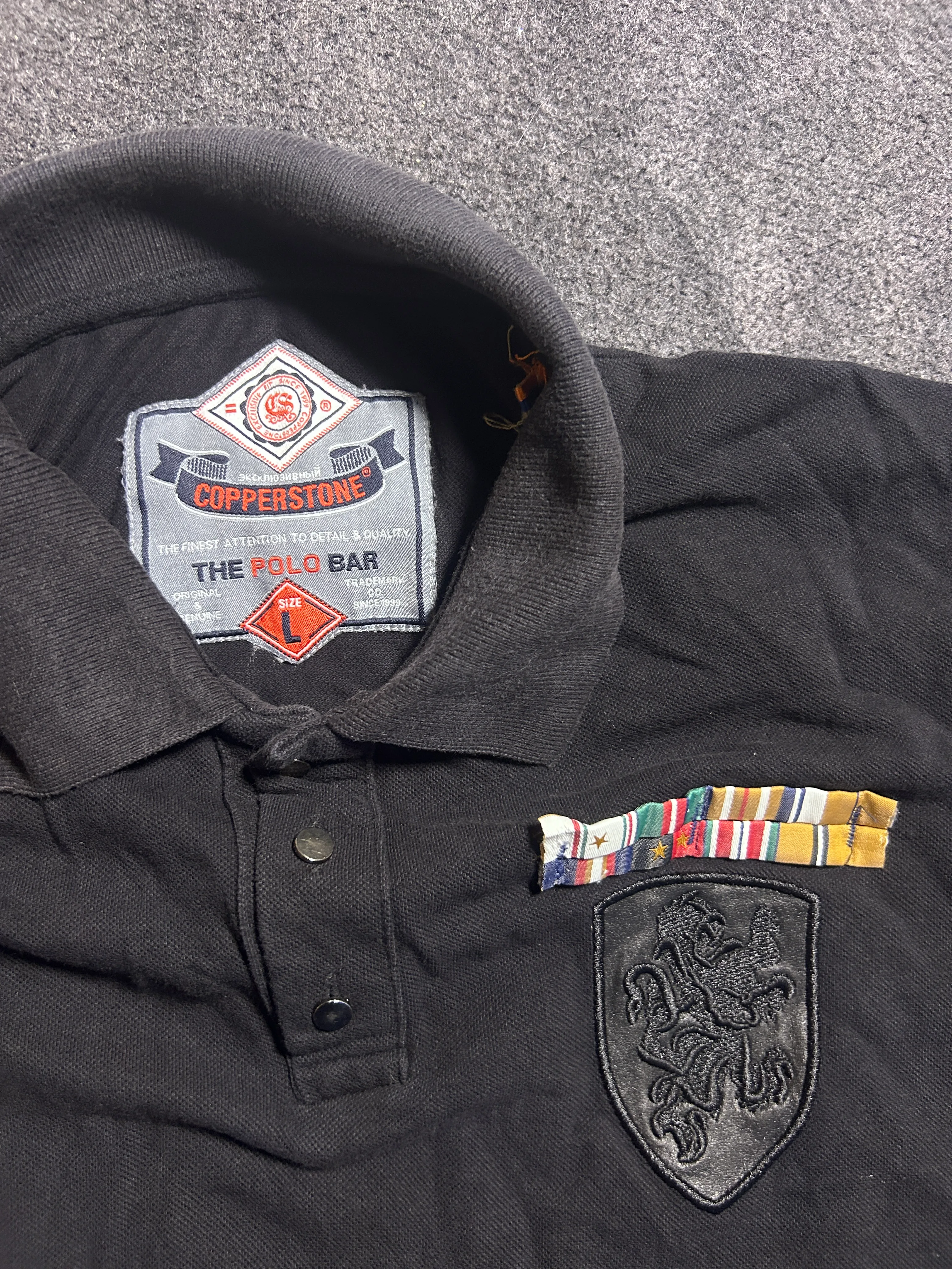 Copperstone Black Military Patch Polo Shirt Cotton Slim Fit | L