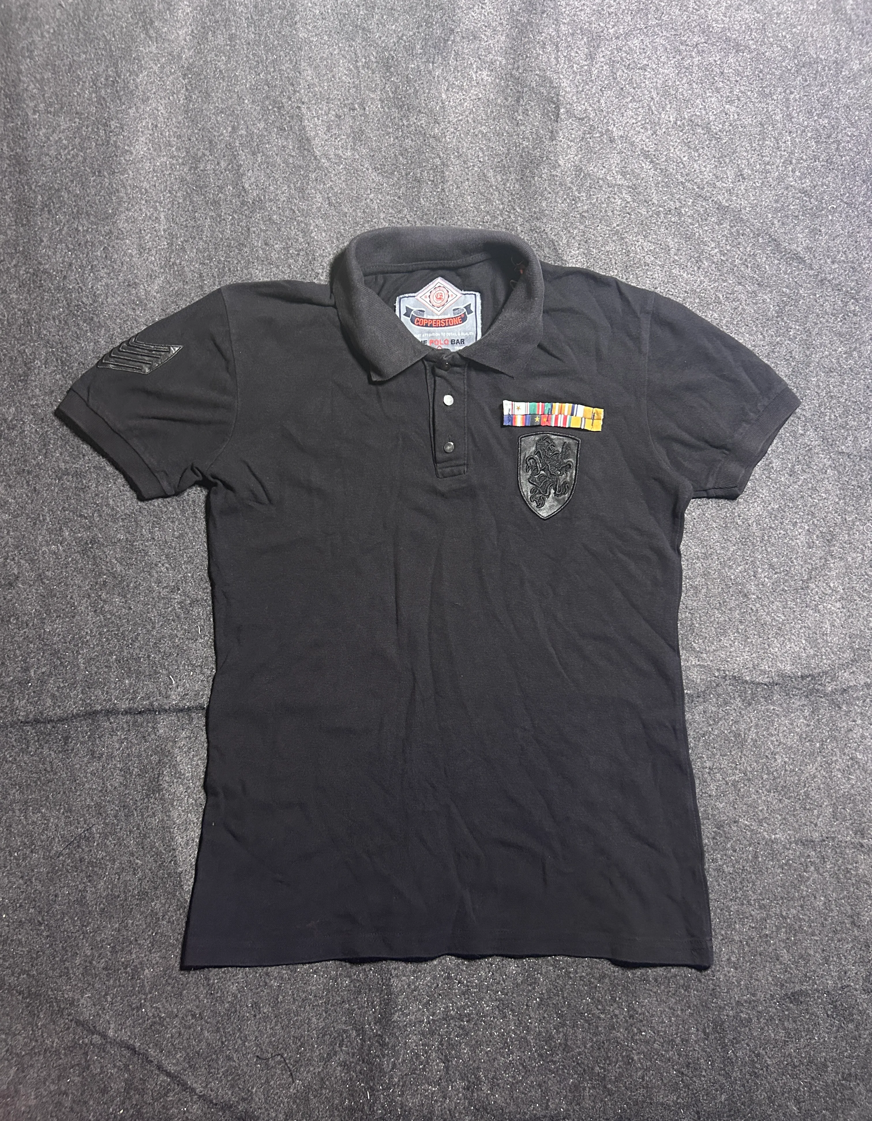 Copperstone Black Military Patch Polo Shirt Cotton Slim Fit | L