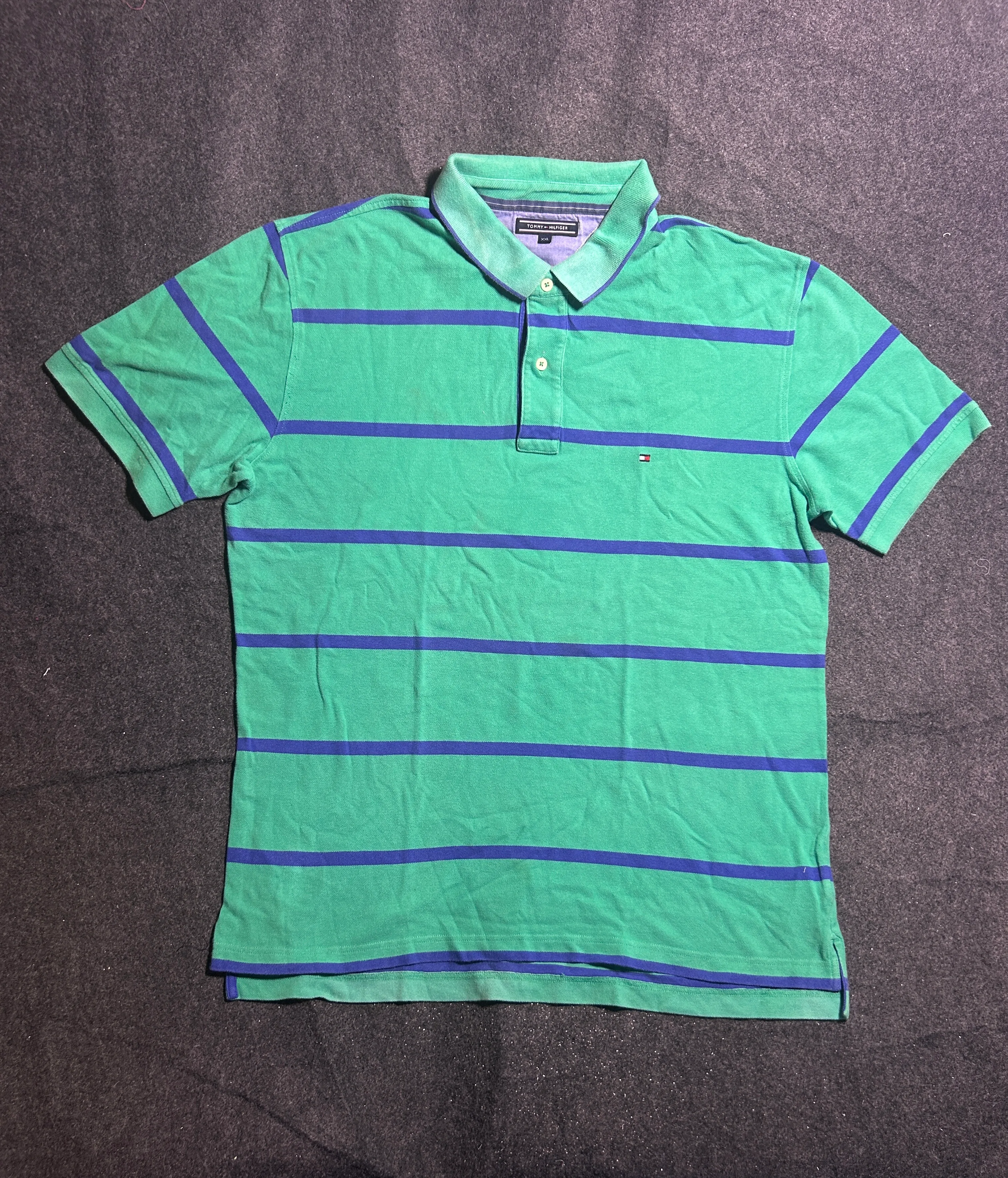 Tommy Hilfiger Green & Blue Striped Cotton Polo Tshirt | XXL