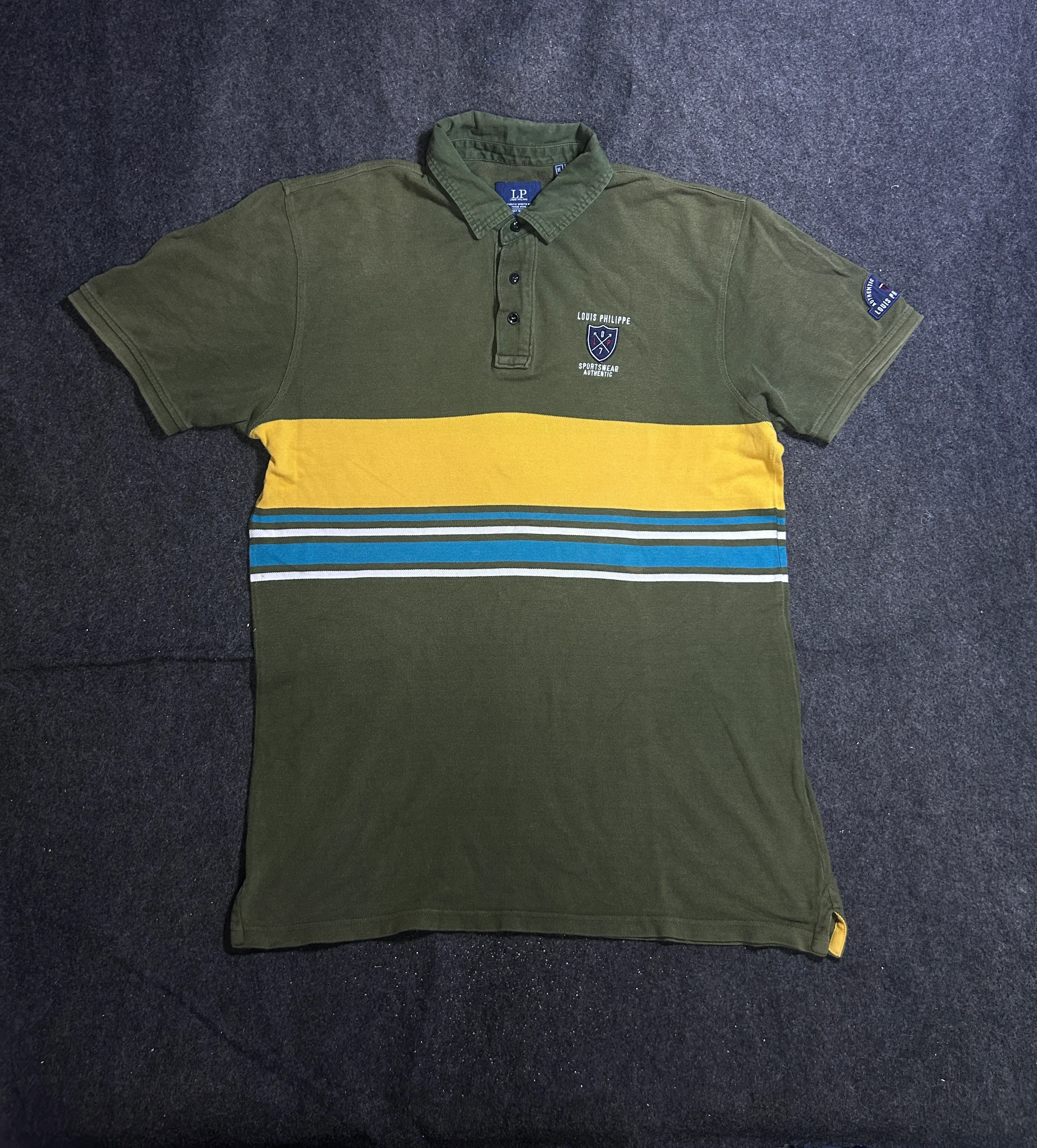 Louis Philippe Men’s Olive Green Colorblock Polo Shirt | Striped Detail | 100% Cotton | XL