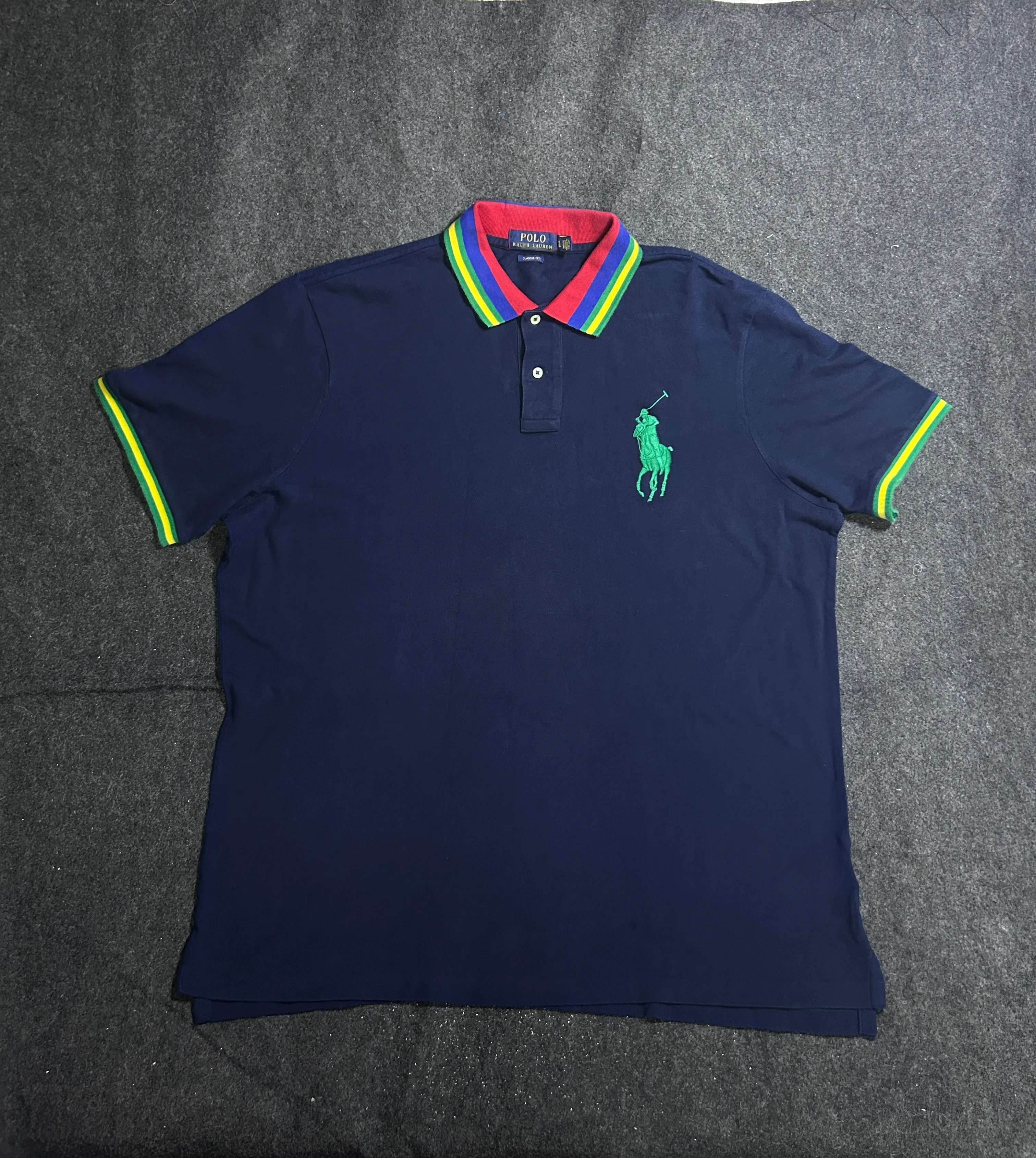 Polo Ralph Lauren Men’s Navy Blue Classic Fit Polo Shirt | Multicolor Collar & Sleeve Trim | XXL