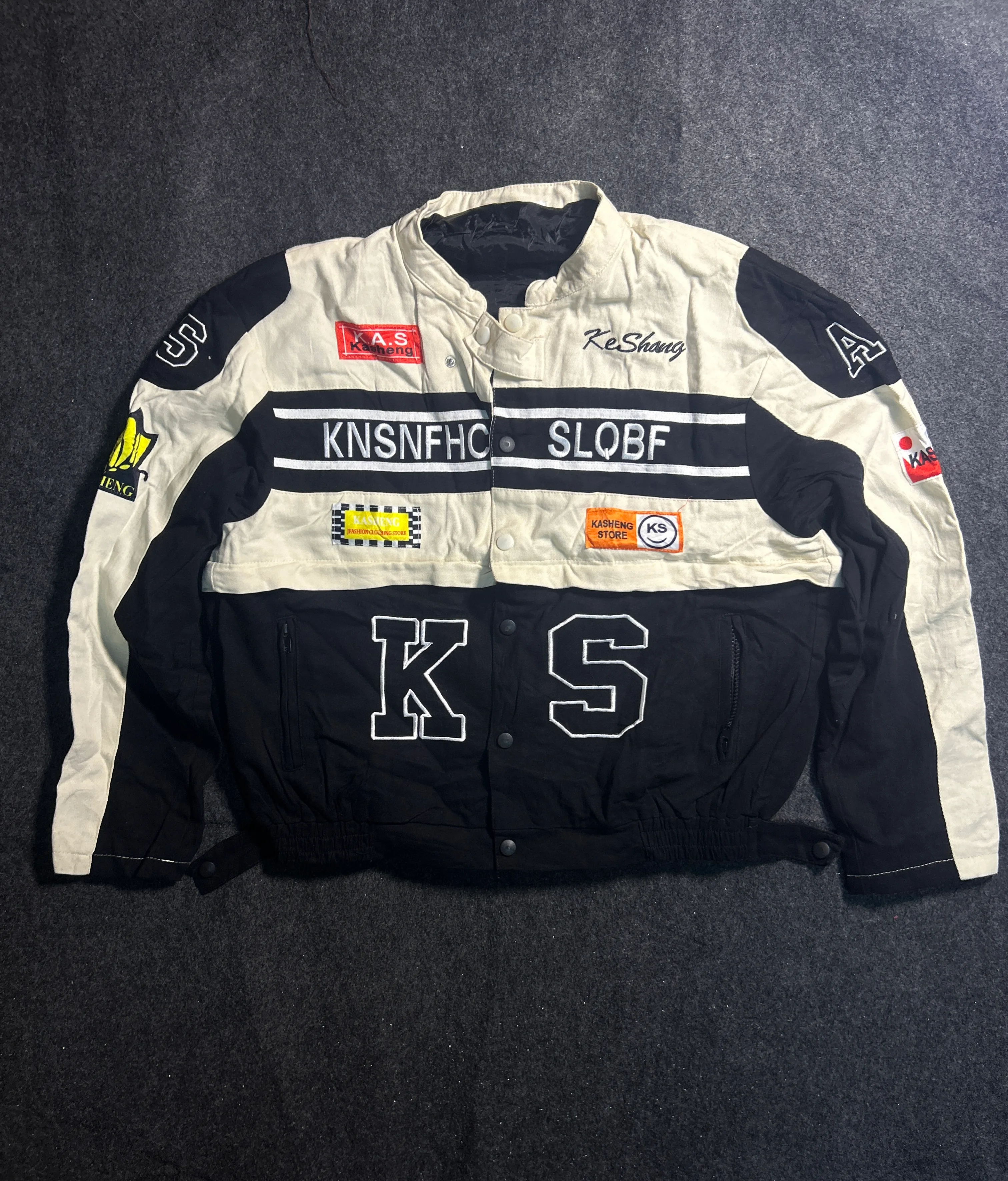 Kasheng KS Men’s Vintage Racing Bomber Jacket Black & Cream