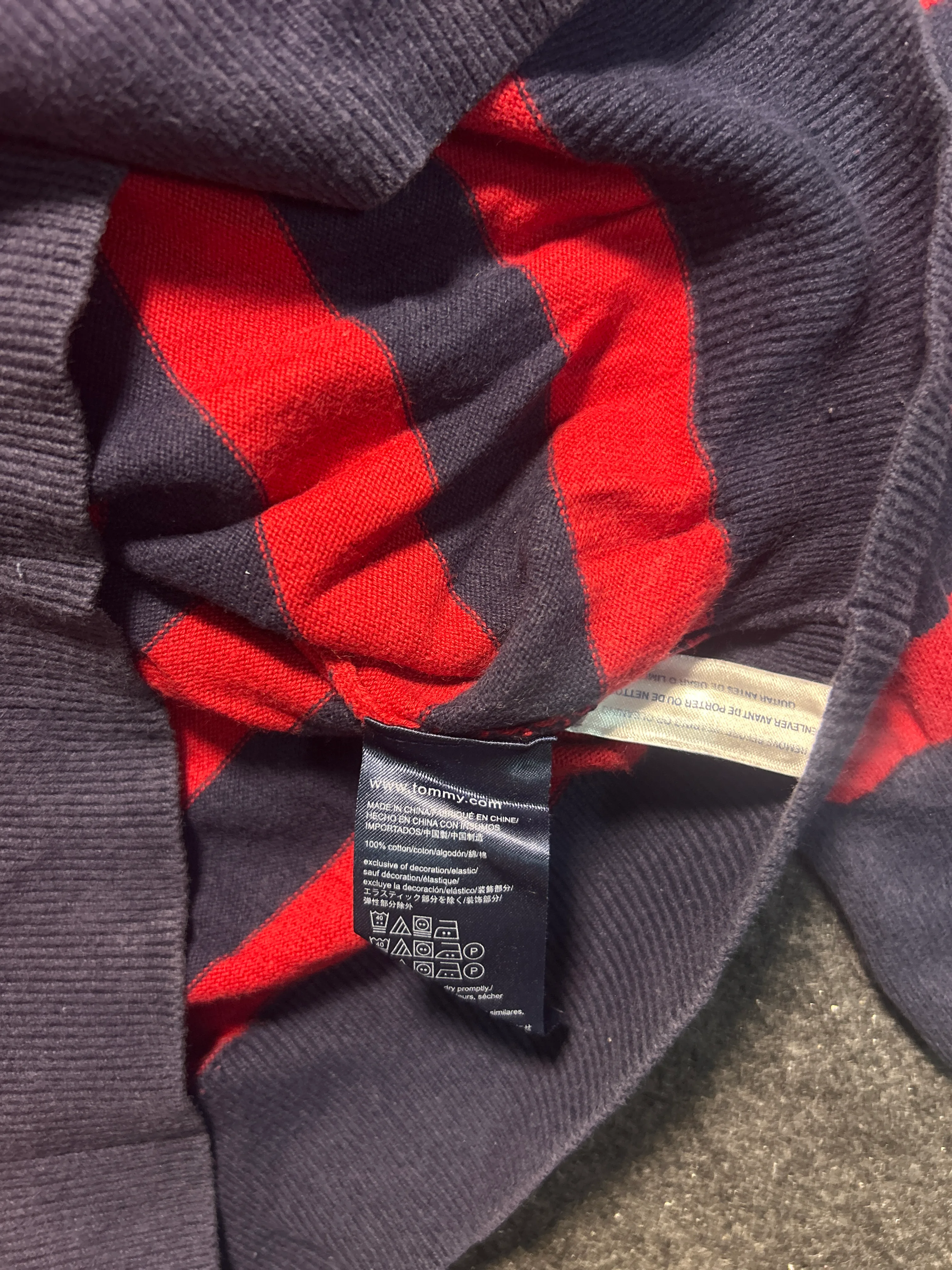 Tommy Hilfiger Men’s Red & Navy Striped Cotton Crewneck Sweater