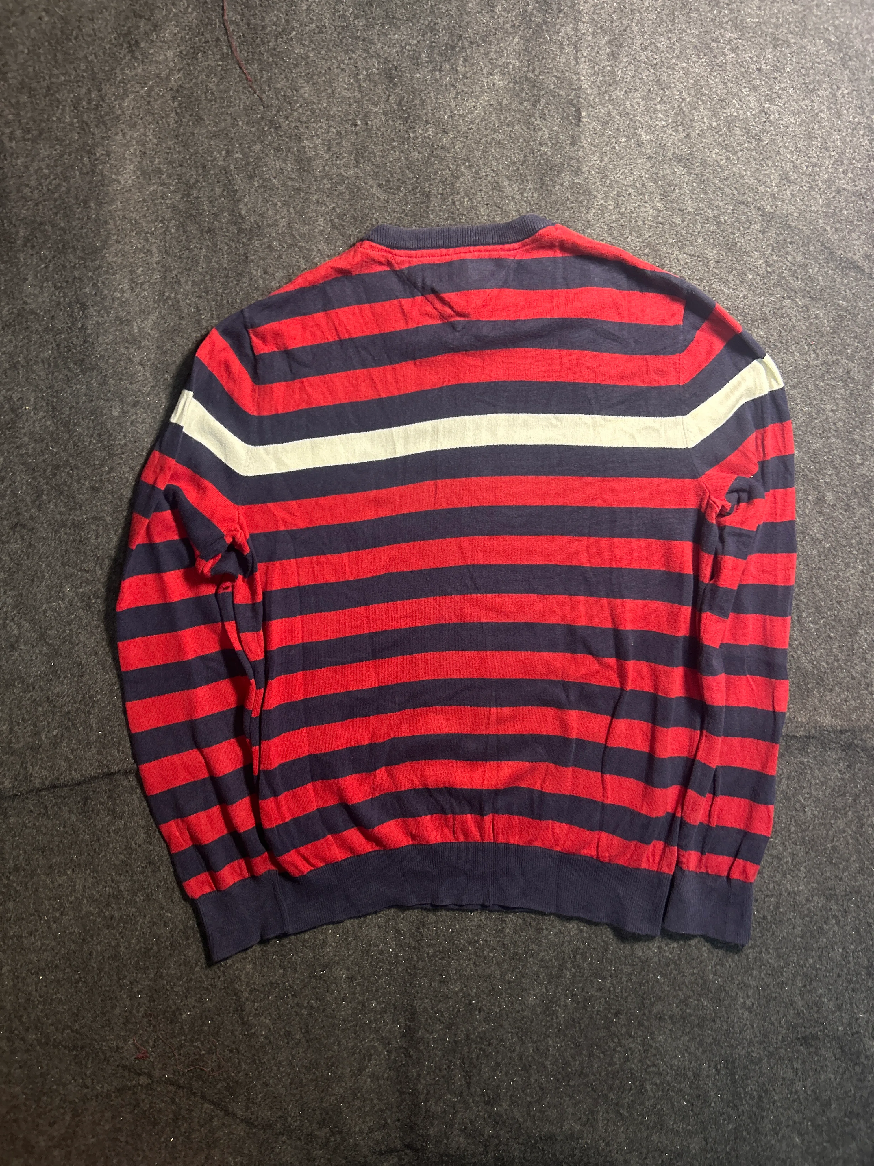 Tommy Hilfiger Men’s Red & Navy Striped Cotton Crewneck Sweater