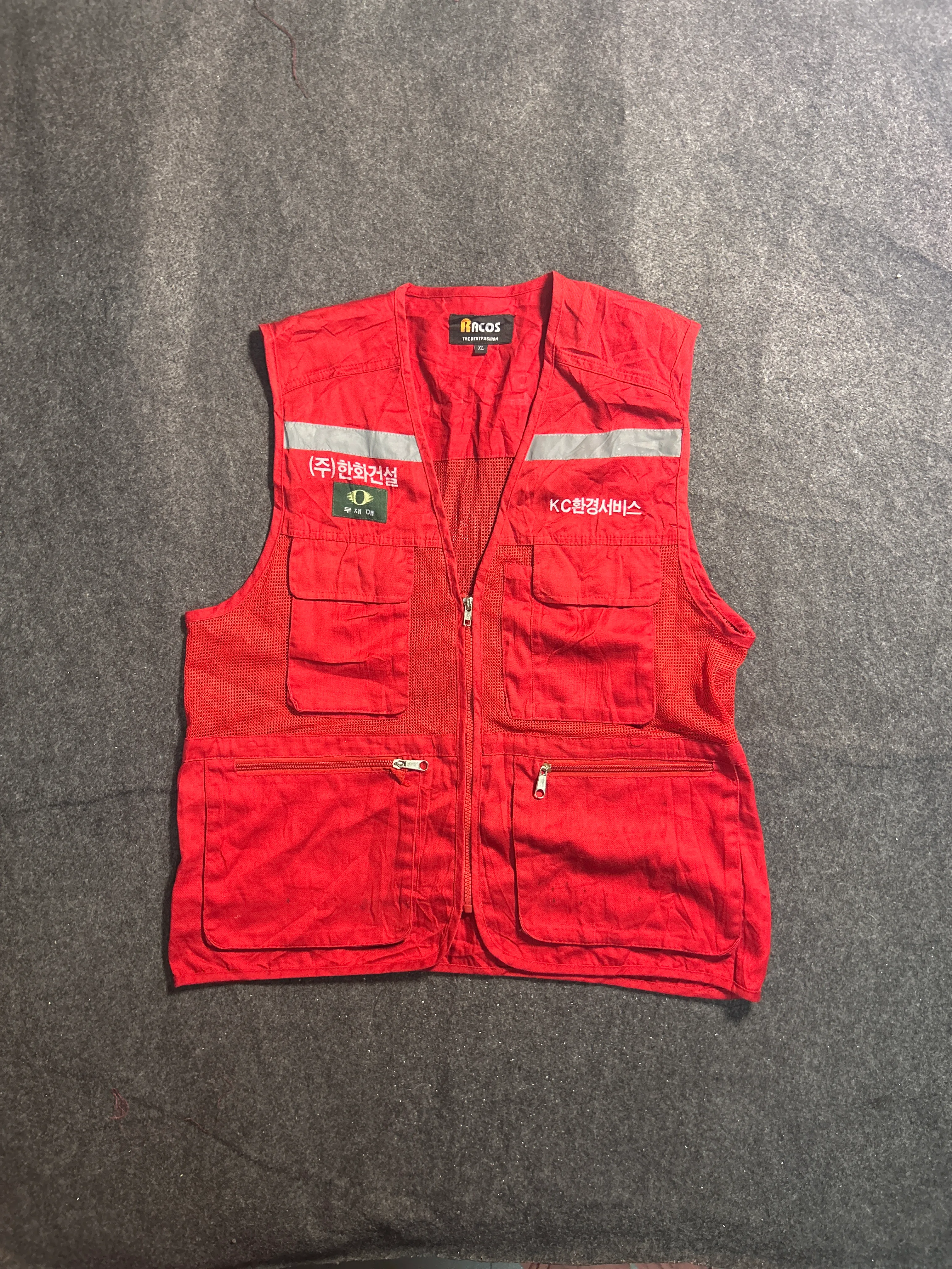 RACOS Korean Utility Work Vest – Red Multi-Pocket Reflective Mesh Vest | M thrift clothing India