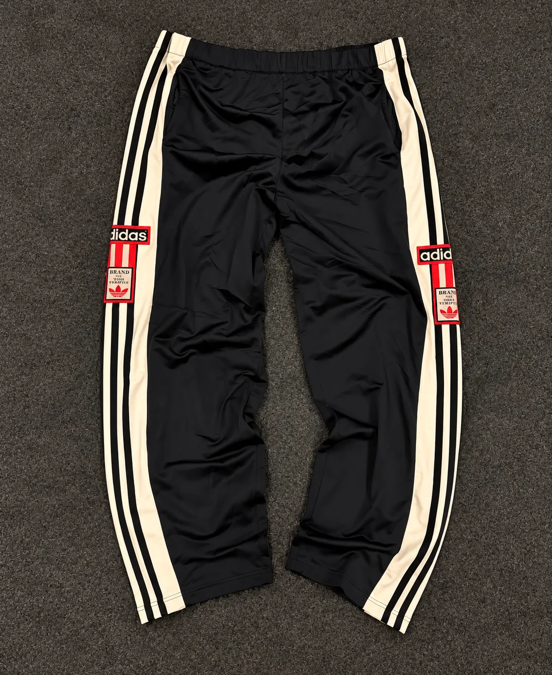 Vintage Adidas-Style Snap Track Pants Black & Cream Retro Side Stripe