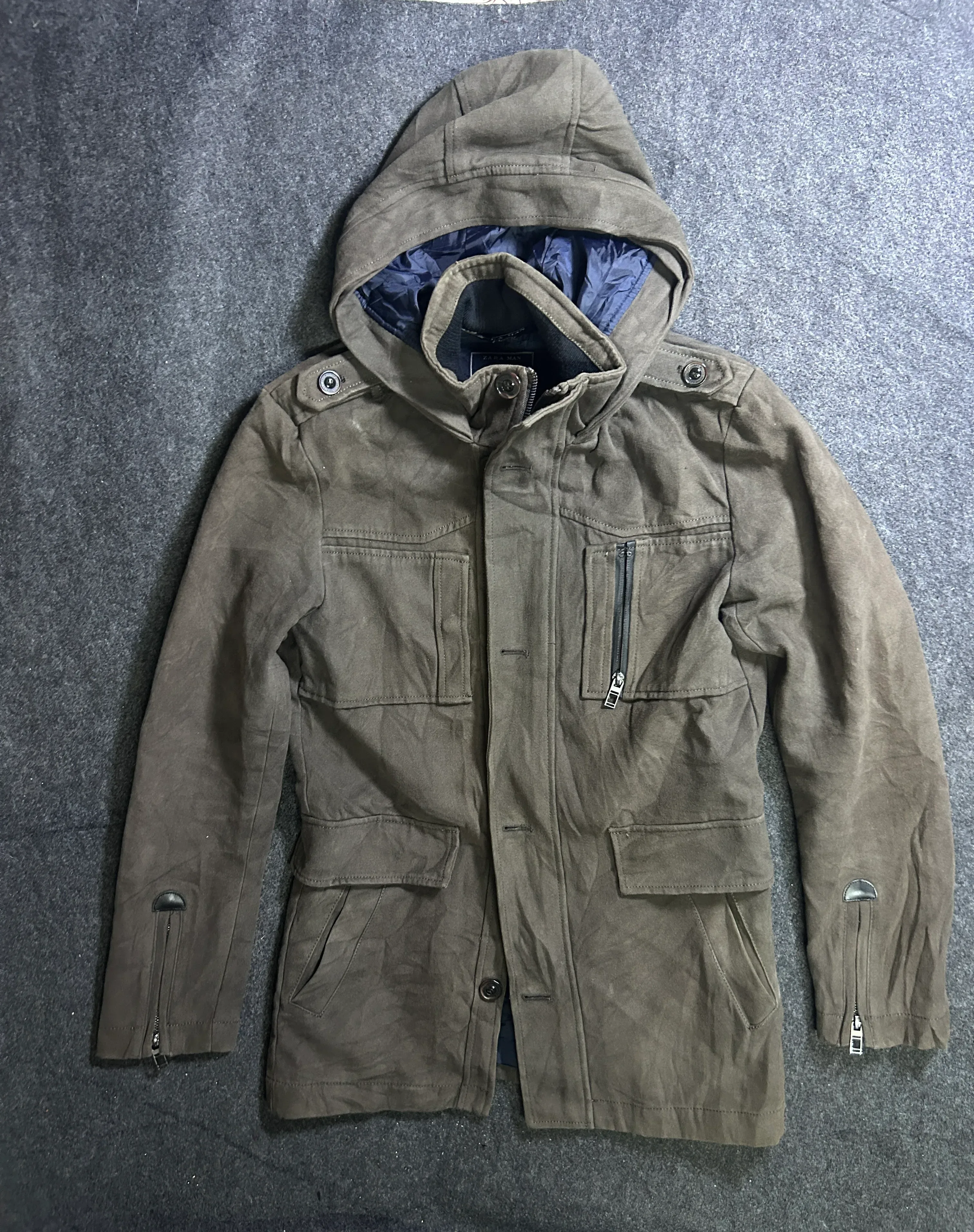 Zara Man Charcoal Taupe  Hooded Parka Jacket – Cotton Outerwear