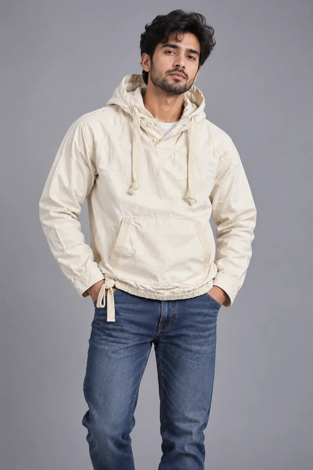 American Eagle Vintage Cream Hoodie – 100% Cotton Oversized Pullover L