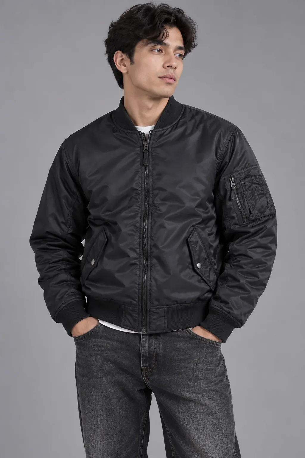 UNIQLO Black MA-1 Bomber Jacket – Utility Sleeve Pocket – Size XL