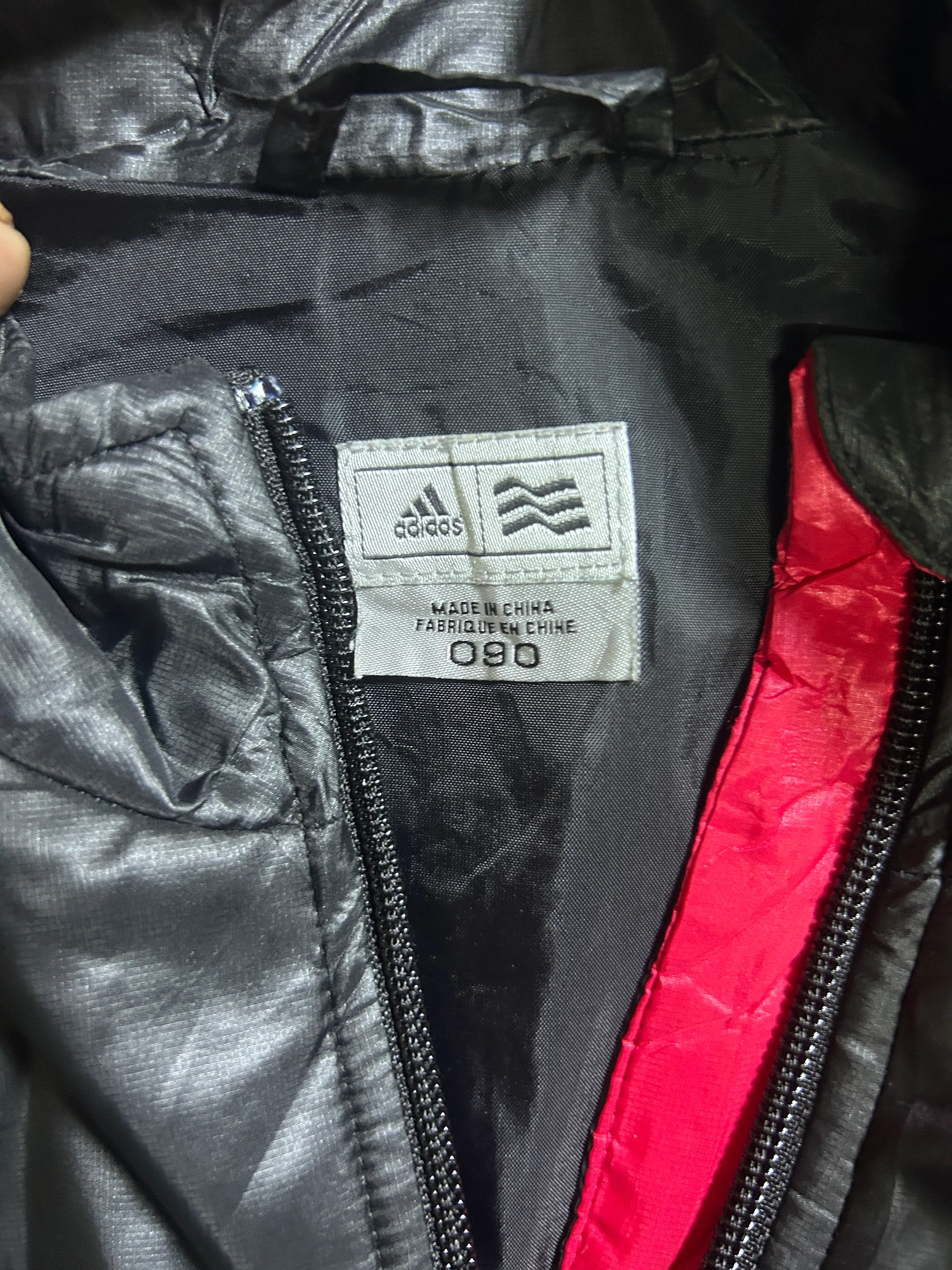 Vintage Adidas Black Shiny Puffer Jacket with Pink Details – S